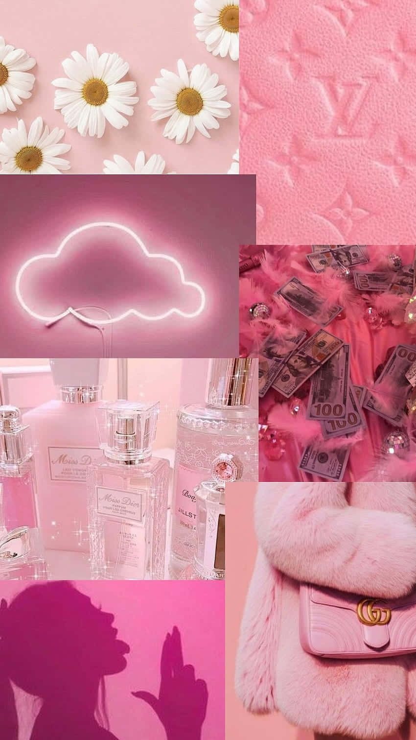 pink collage desktop, daisies perfume bottles, neon cloud, HD Phone Wallpaper