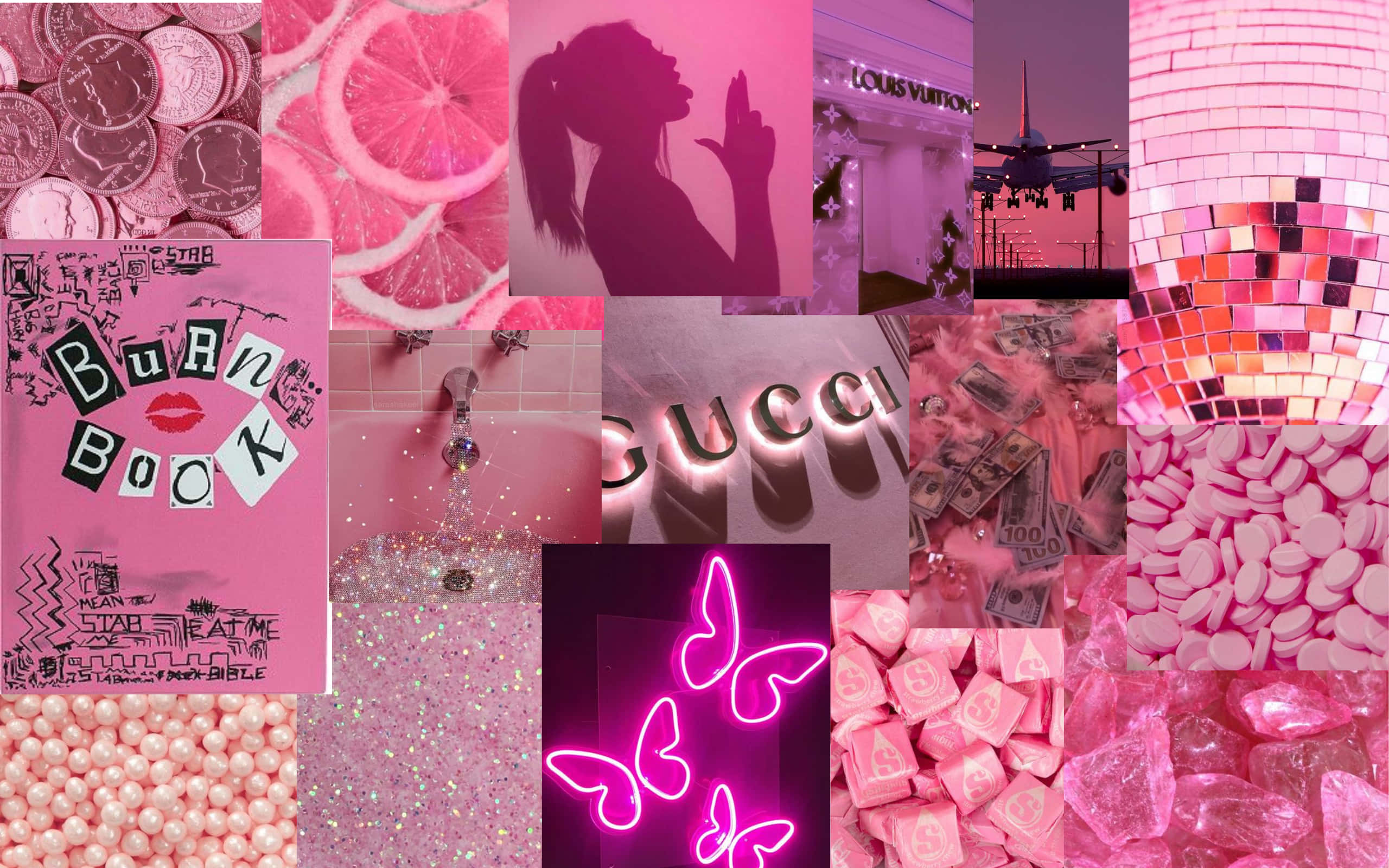 Pink Collage Desktop, luxury brands, glitter, 2K Desktop Wallpaper