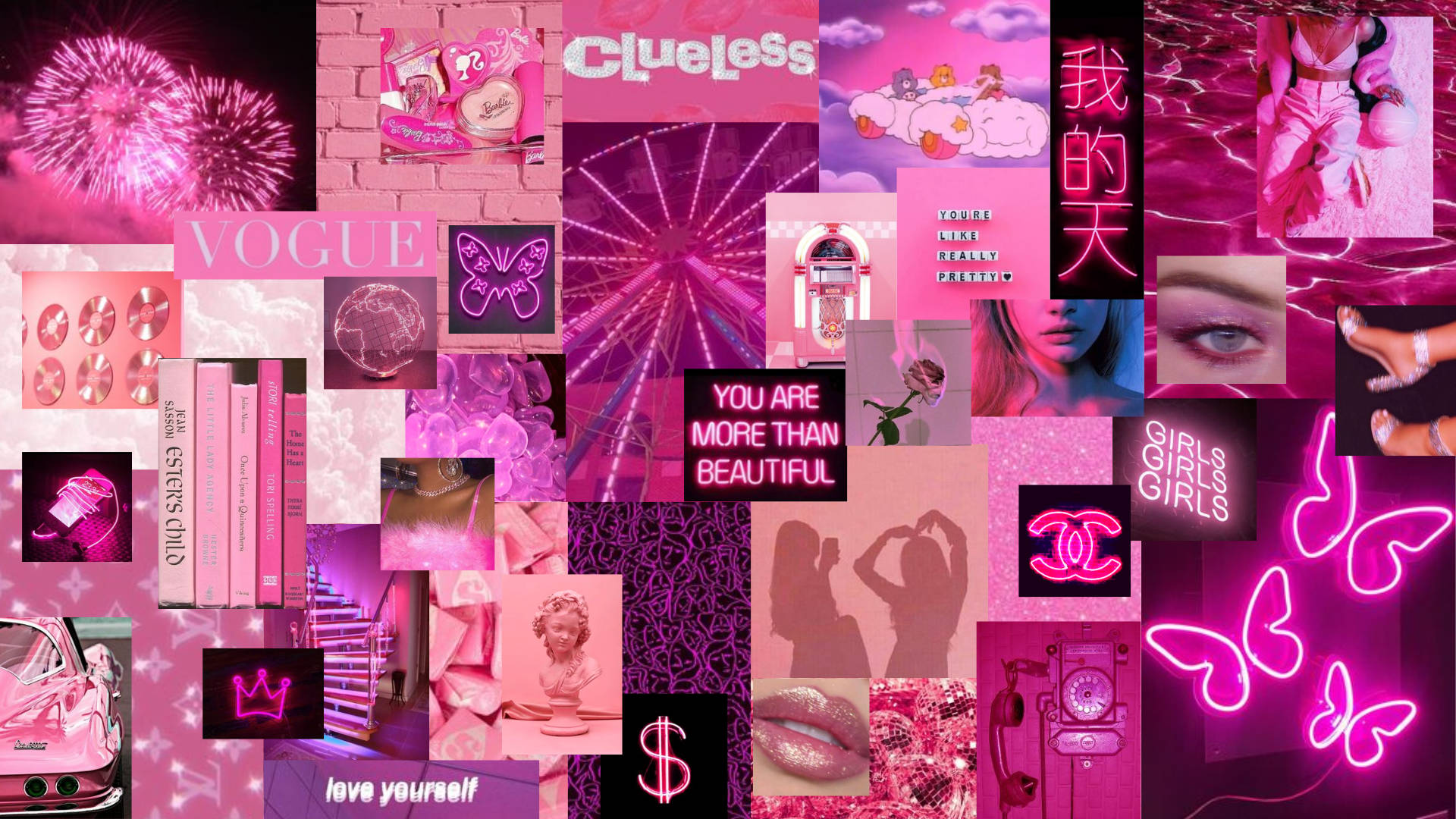 neon pink, collage, neon butterflies, Full HD Desktop Wallpaper