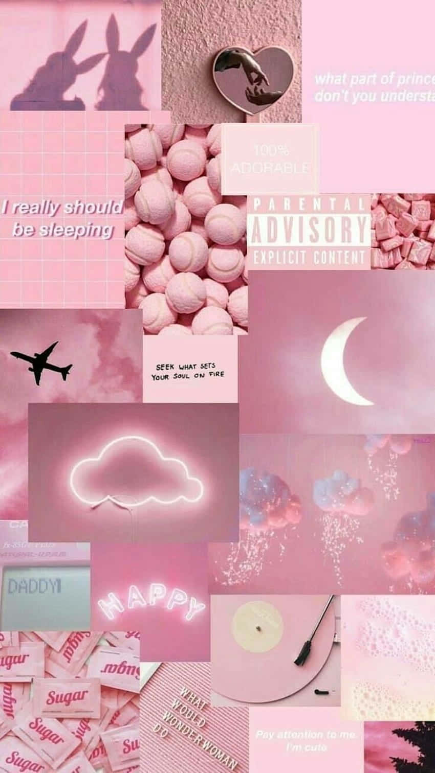 pink collage desktop, bunny silhouettes, moon clouds, HD Phone Wallpaper