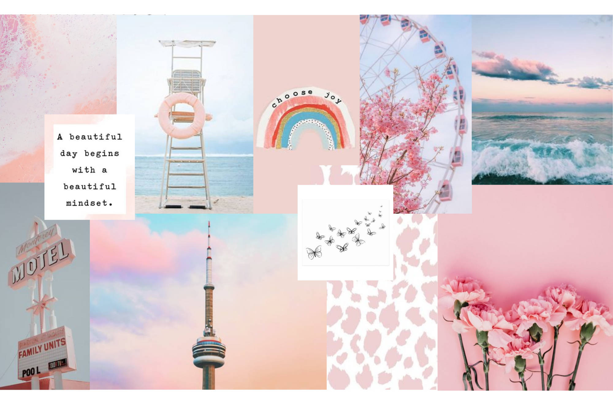 pink spring aesthetic collage, lifeguard tower, beach, Full HD Desktop Wallpaper