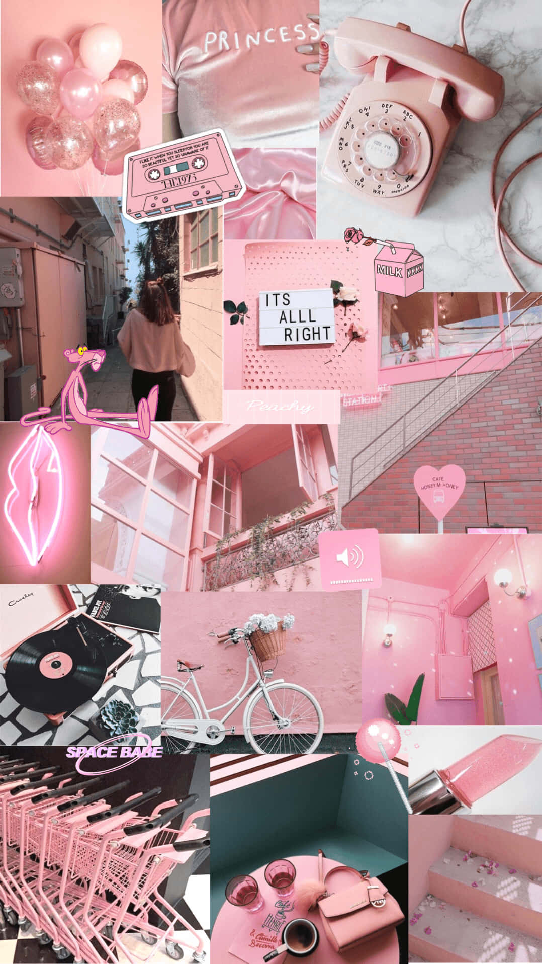 Pink Collage Desktop, vintage phone, cassette tape, HD Phone Wallpaper