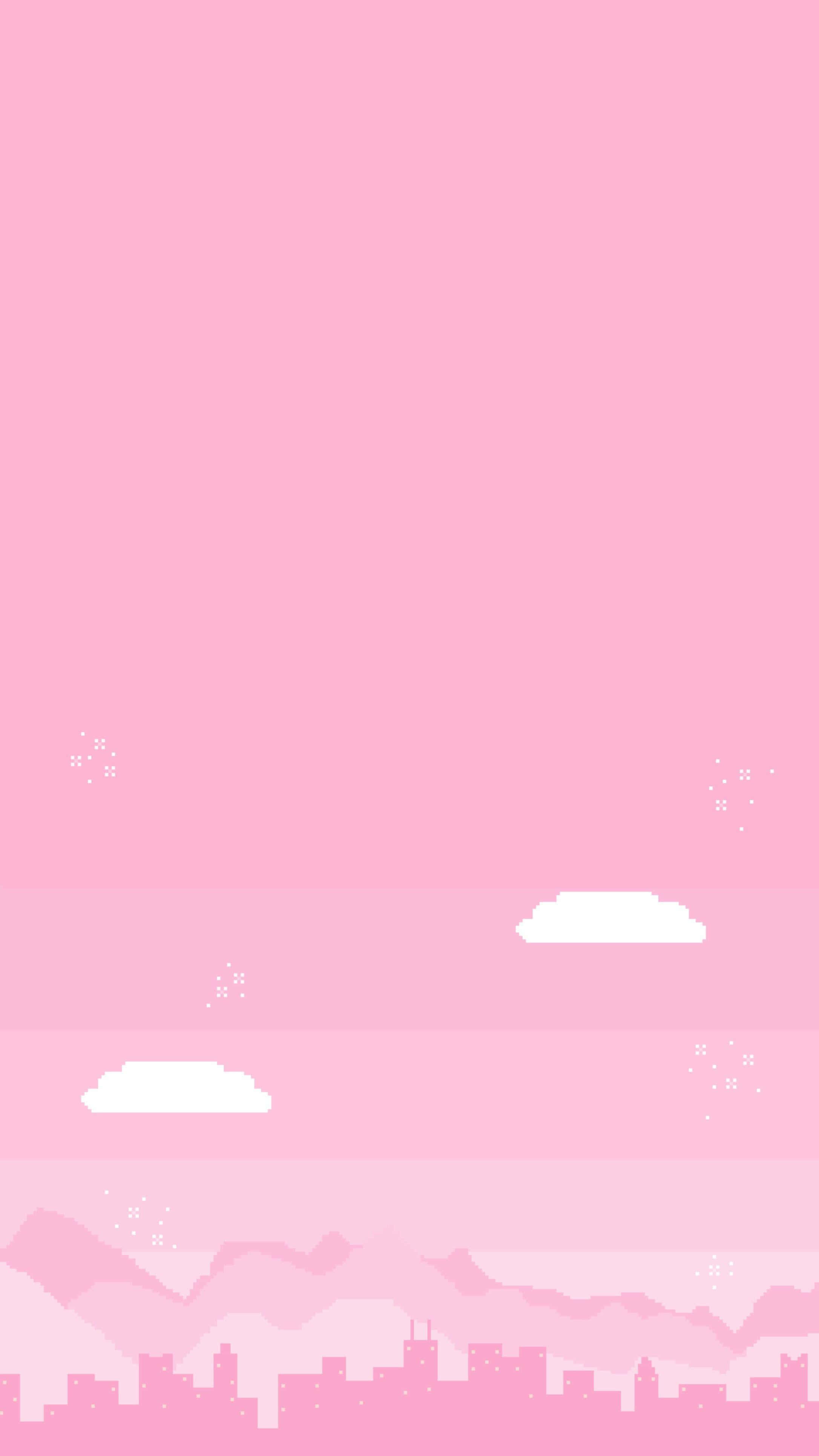 pale pink gradient sky, white clouds, pixelated mountain cityscape, 4K Phone Wallpaper