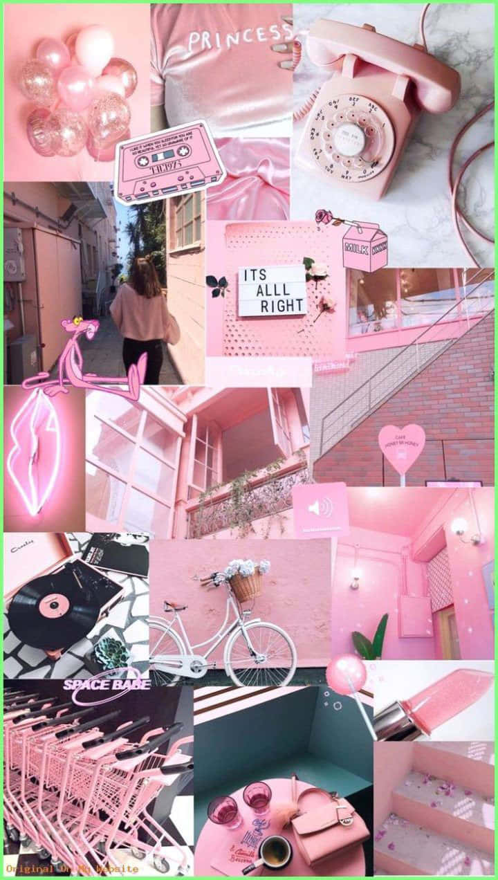 pink-themed collage, vintage rotary phones, cassette tapes, SD Phone Wallpaper