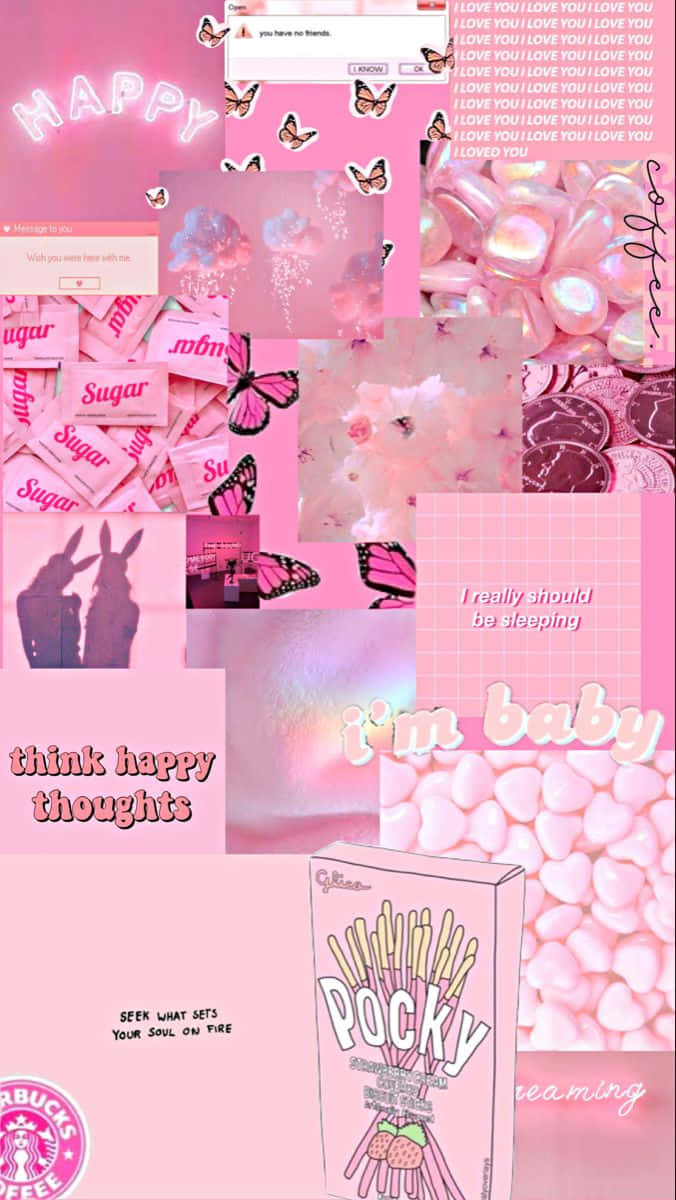 pink cool aesthetic, butterflies, candy text, SD Phone Wallpaper