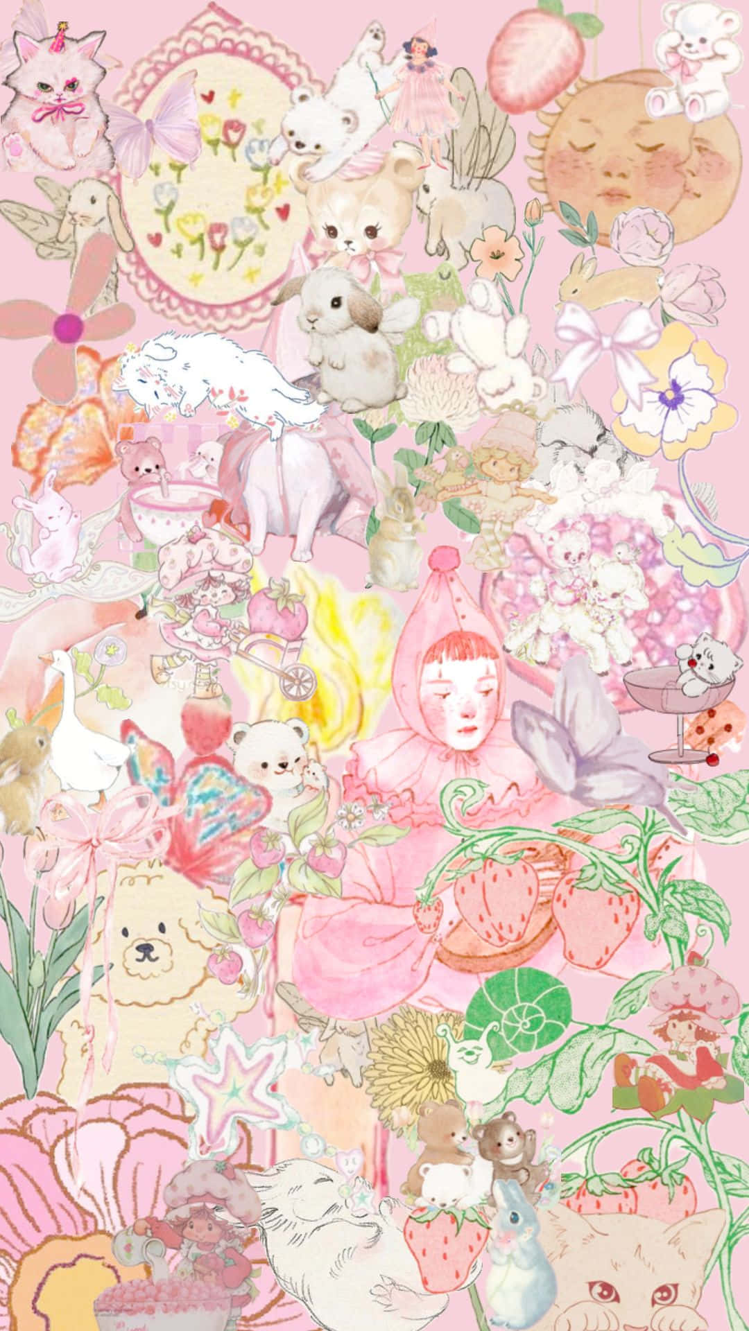 Pastel Fantasy Collage, pink, cute animals, Full HD Phone Wallpaper