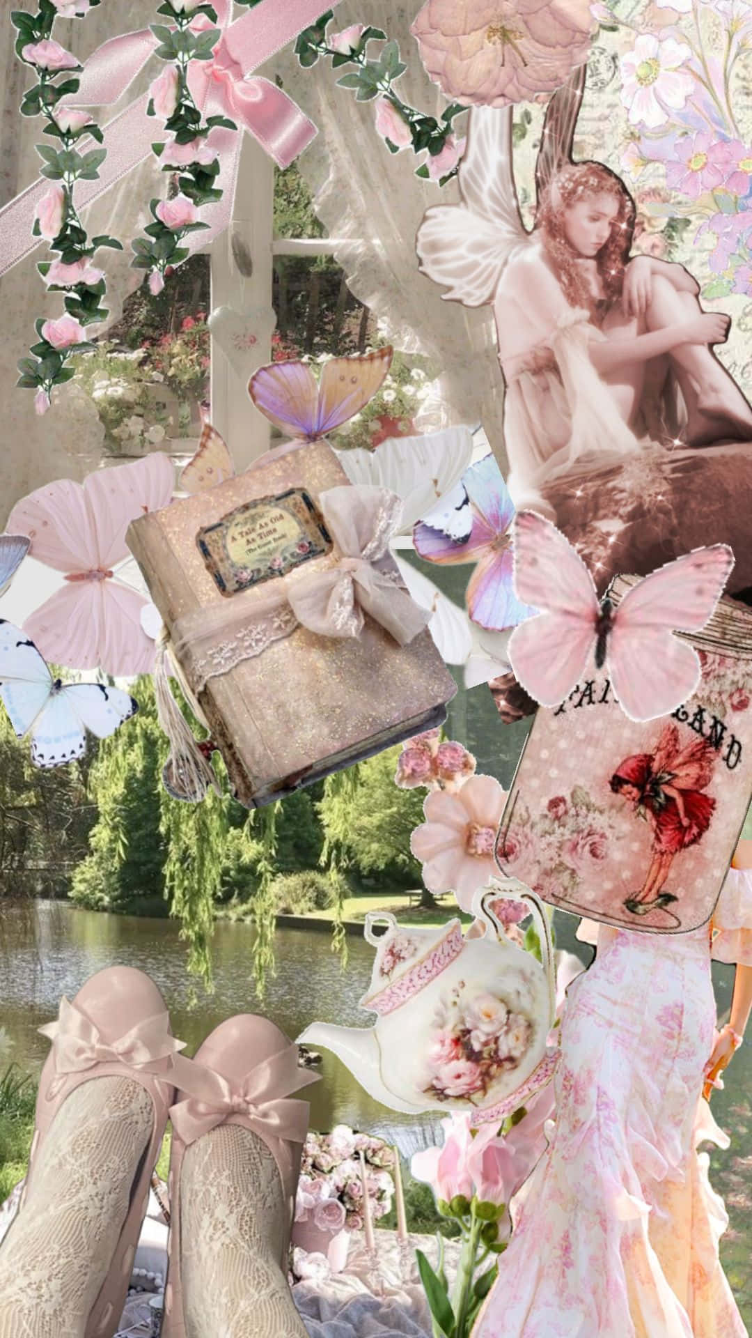 pink butterflies, vintage books, lace shoes, Full HD Phone Wallpaper