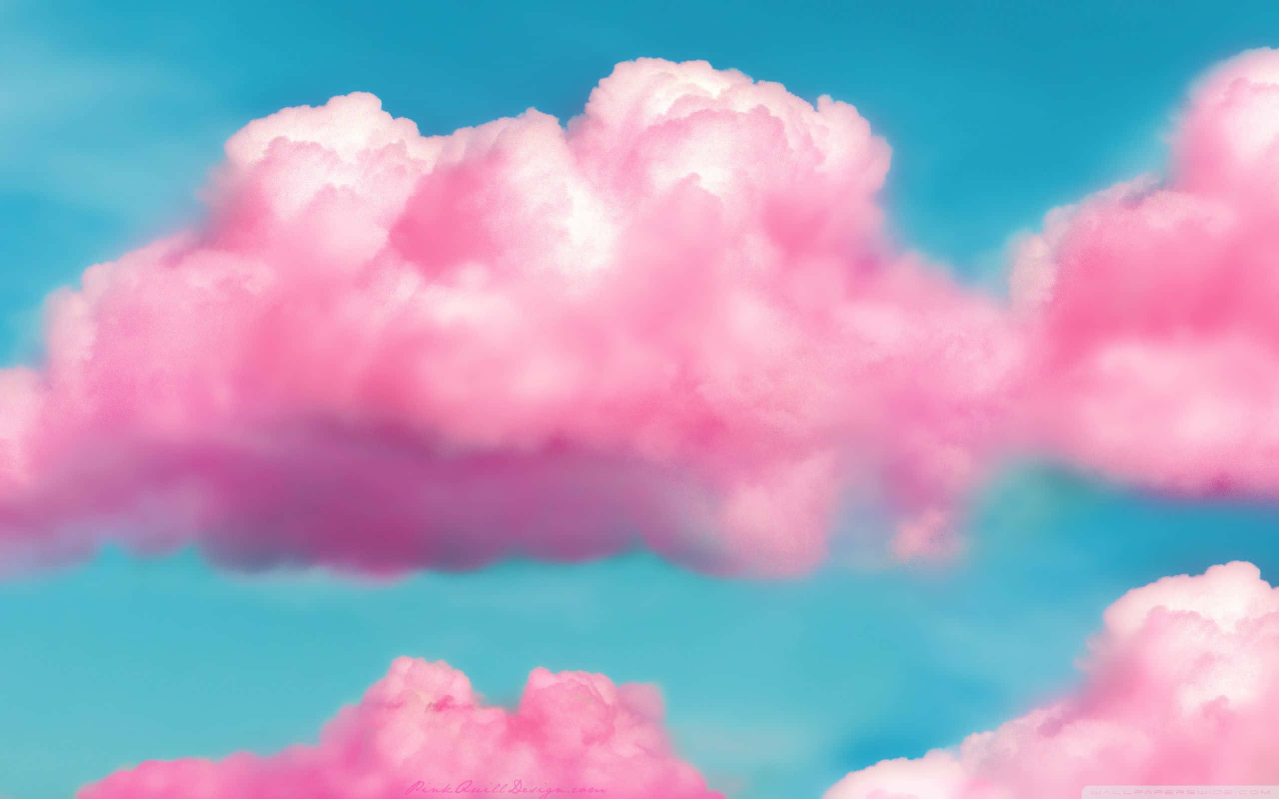 pink clouds, vibrant turquoise sky, dreamy digital illustration, 2K Desktop Wallpaper
