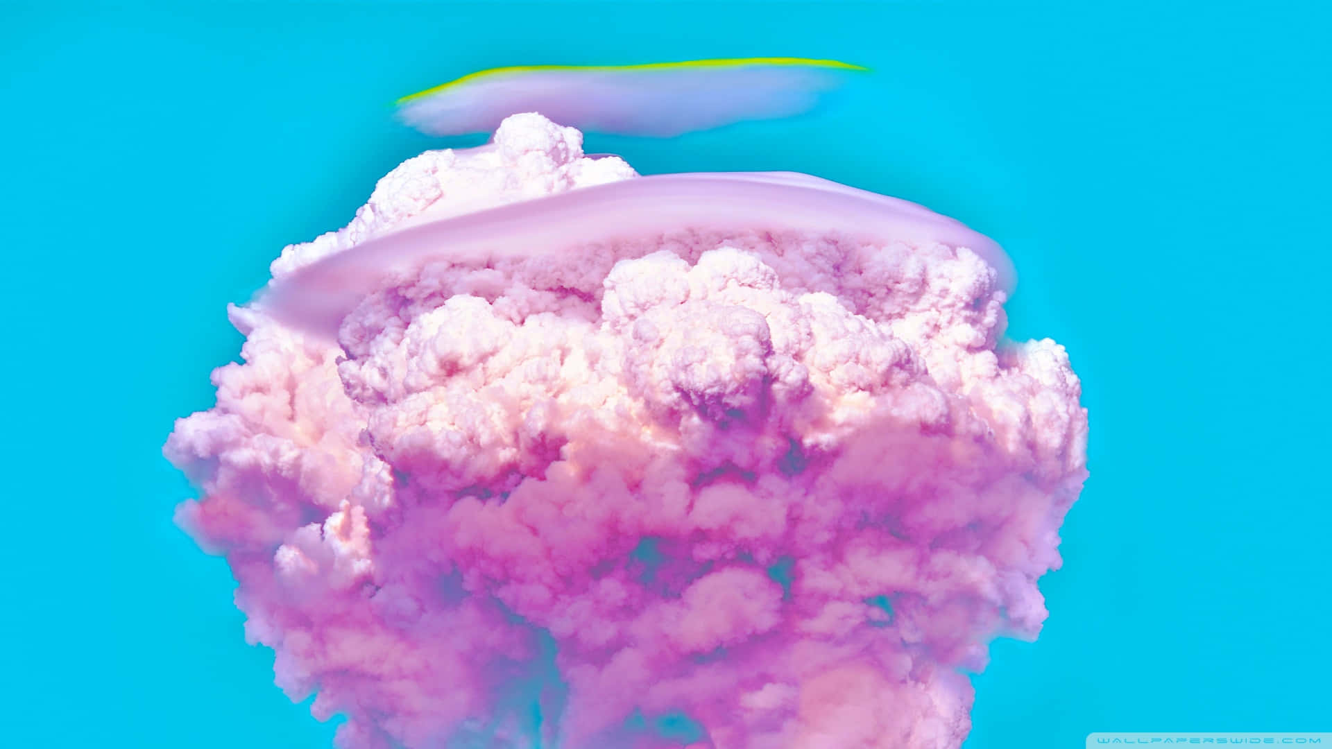 pink cotton candy, surreal pink cloud formation, glowing green ribbon, Full HD Desktop Wallpaper