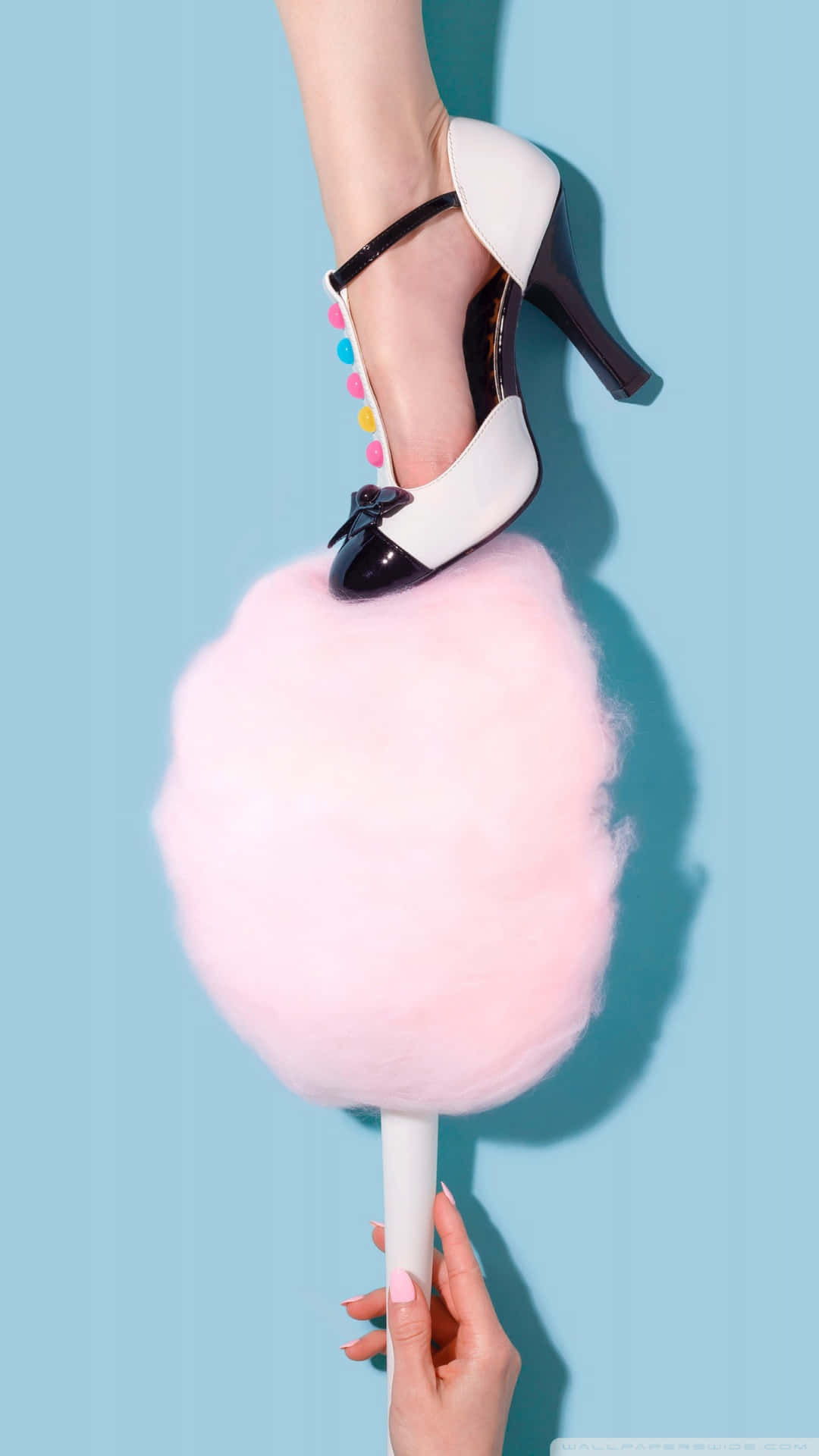 pink cotton candy, white and black high heel, giant pink cotton candy, Full HD Phone Wallpaper