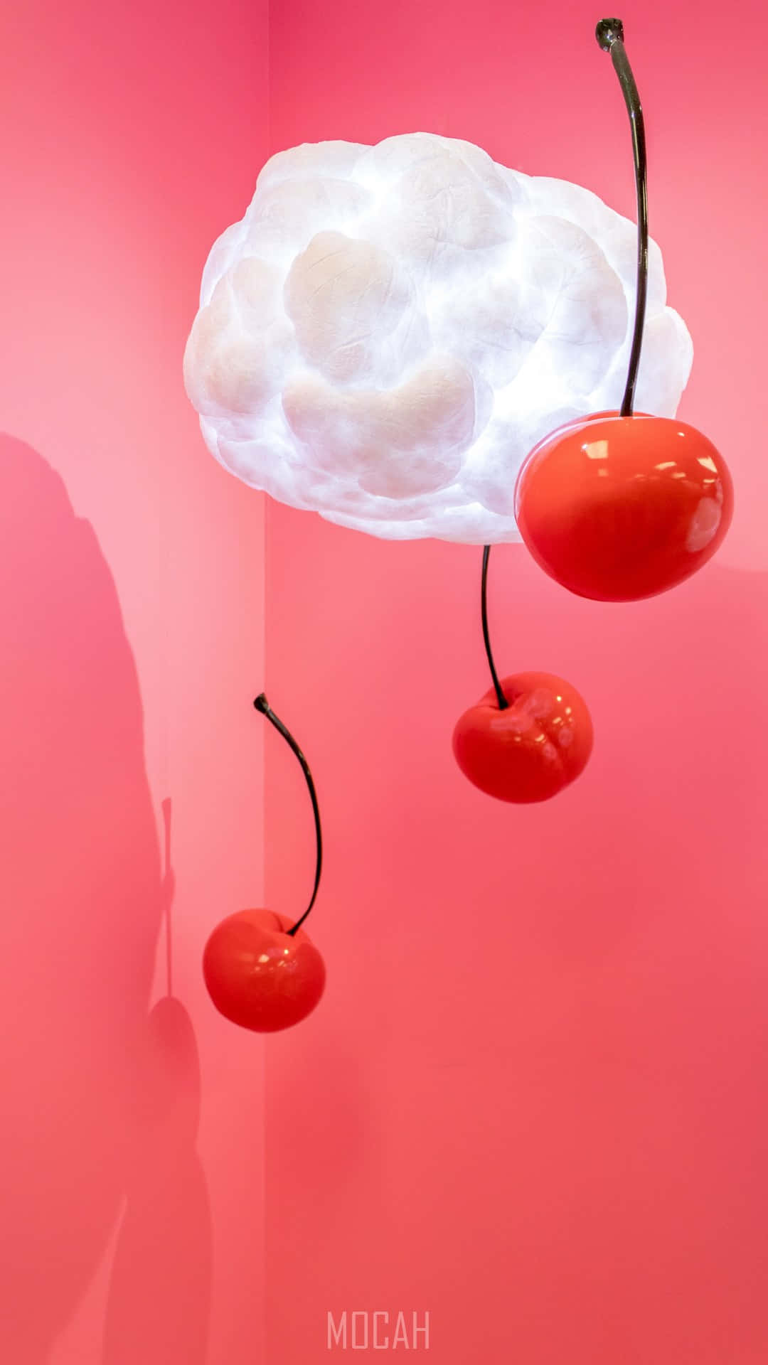 Pink Cotton Candy, glossy red cherries, glowing white cloud-shaped light, Full HD Phone Wallpaper