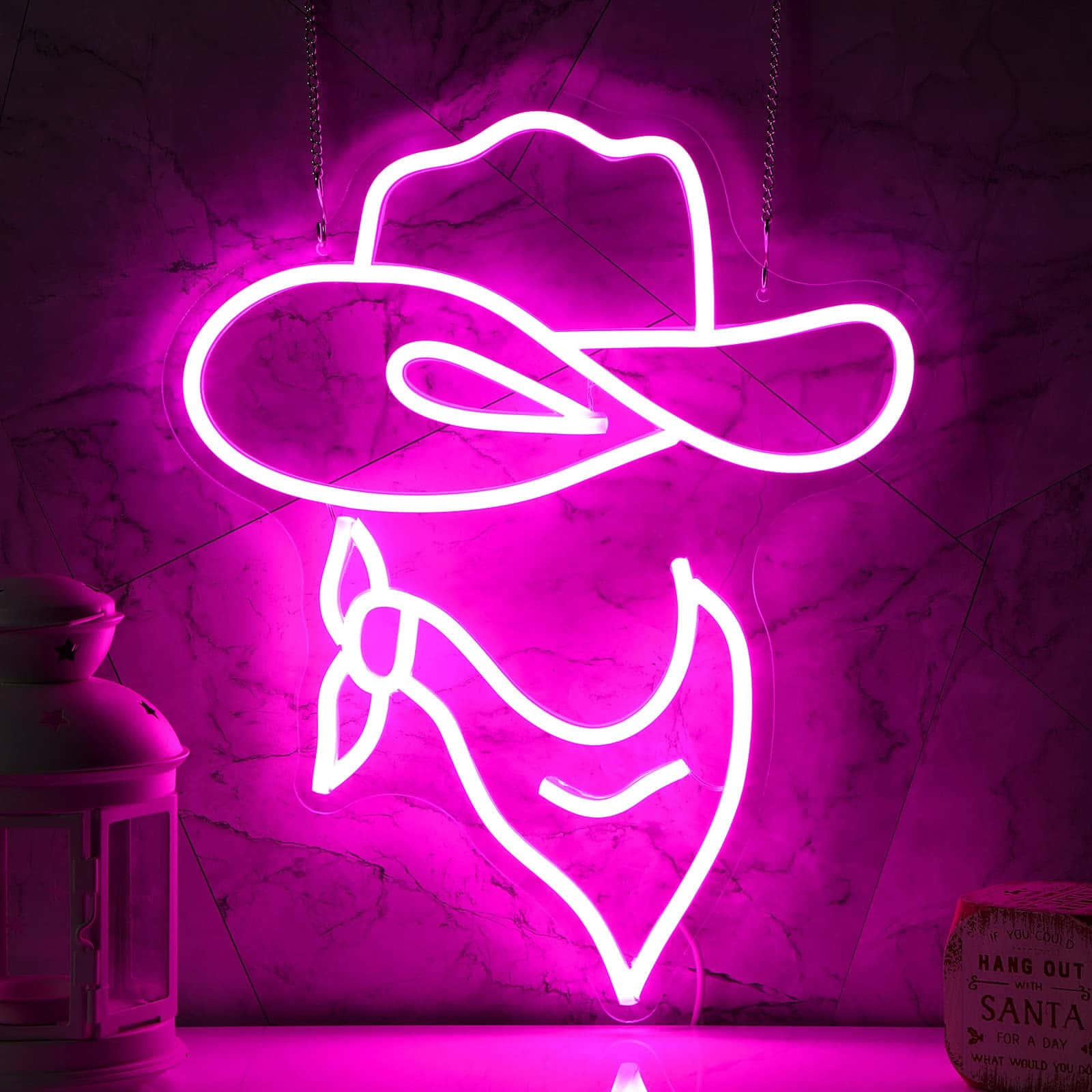 pink cowgirl hat, neon sign, marbled wall, HD Desktop Wallpaper