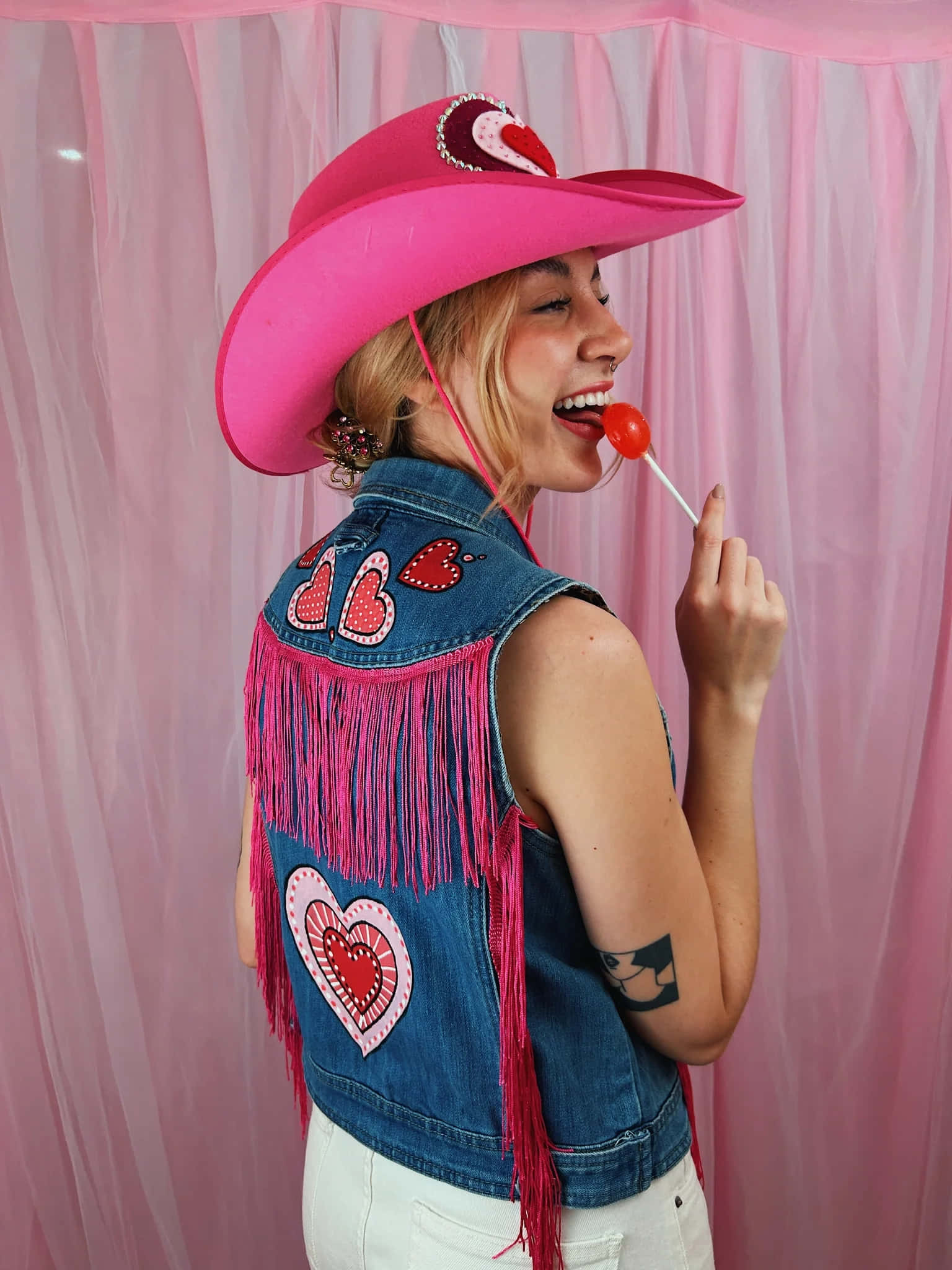 Pink Cowgirl Aesthetic, pink cowboy hat, denim vest with heart patches, Full HD Phone Wallpaper