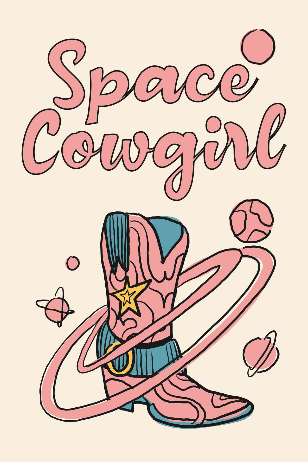 pink cowboy boot, star buckle, orbits planets, Full HD Phone Wallpaper