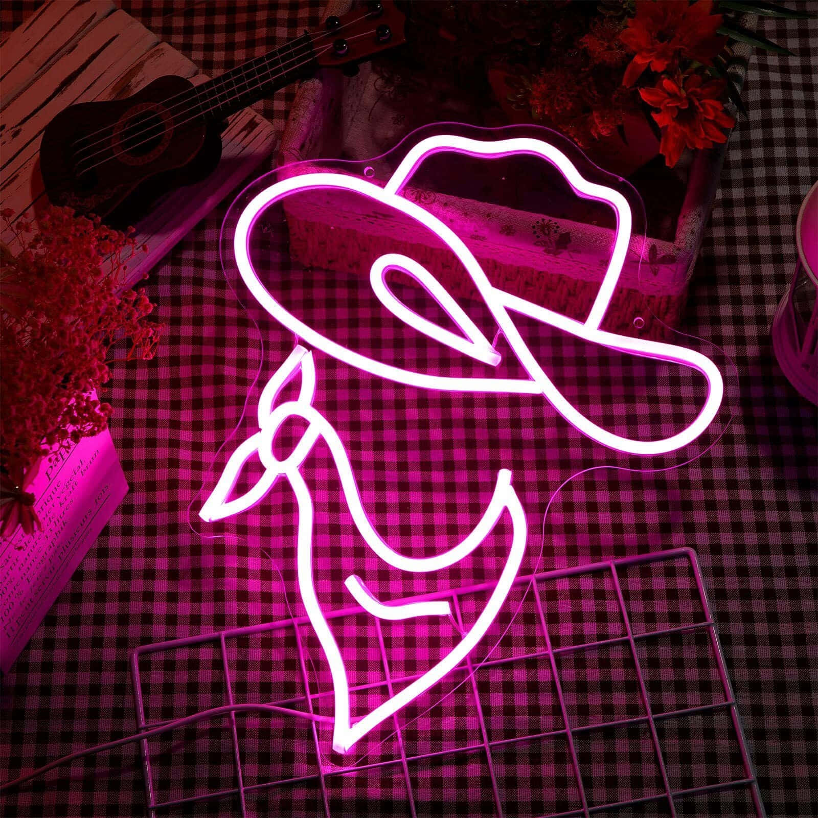 pink cowgirl hat, neon sign, checkered tablecloth, HD Desktop Wallpaper