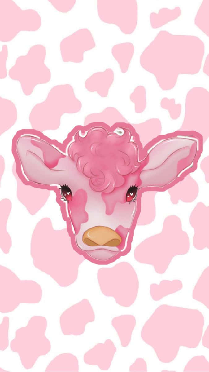 pink curly haired cow, big eyes, pink and white cow print background, SD Phone Wallpaper