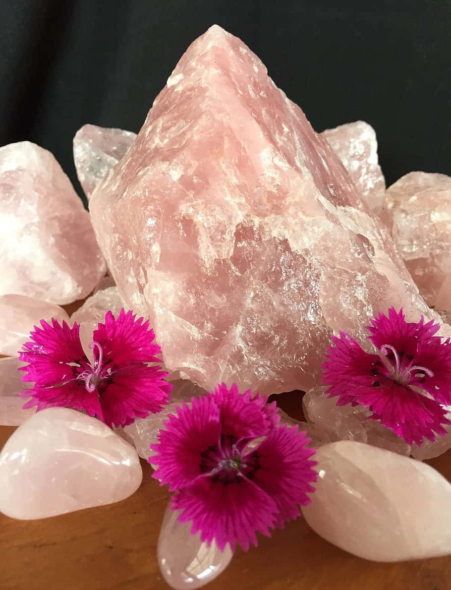 rose quartz crystals, magenta flowers, wooden surface, SD Phone Wallpaper