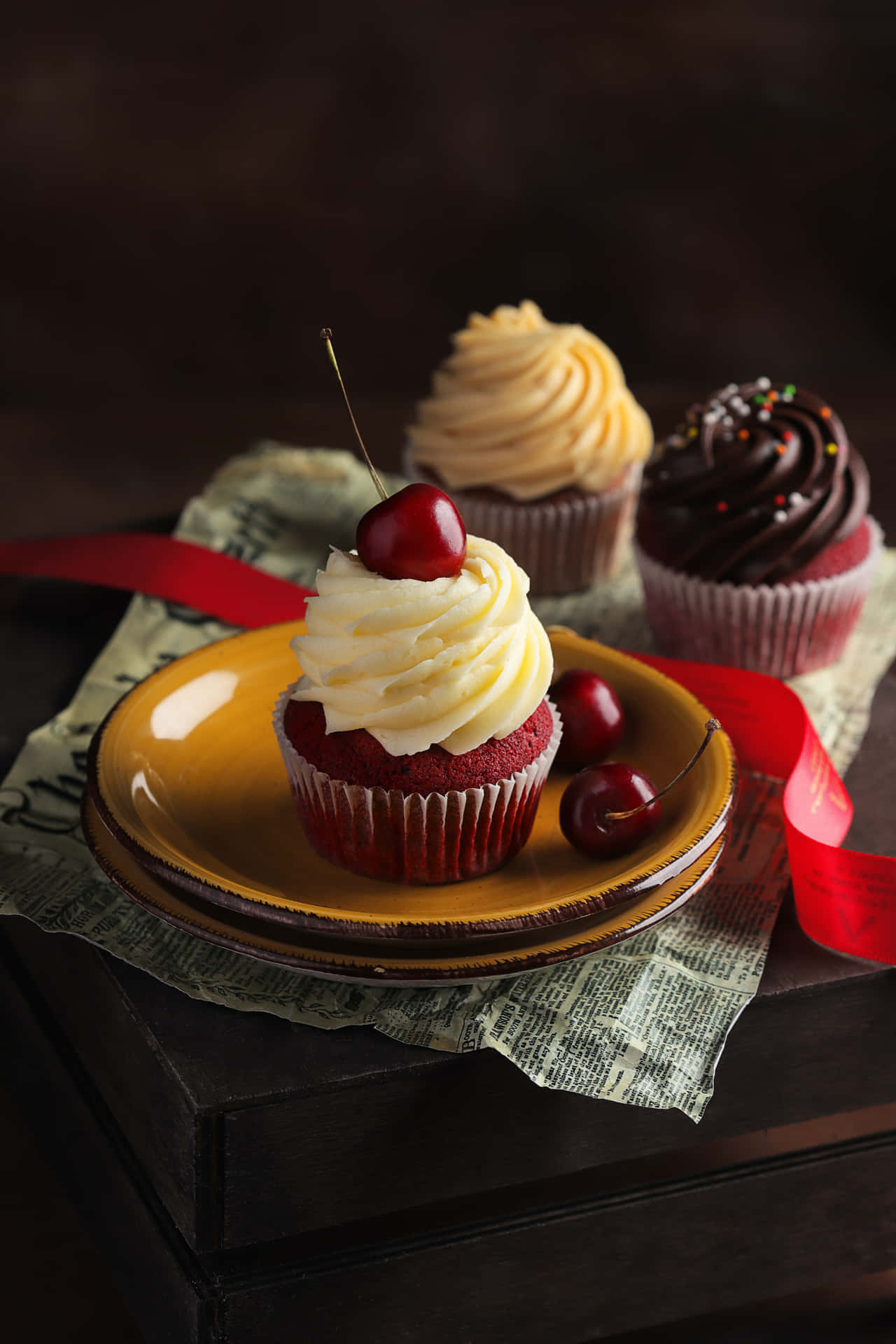 Decadent Cupcakeswith Cherries, cream cheese frosting, cherries, Full HD Phone Wallpaper