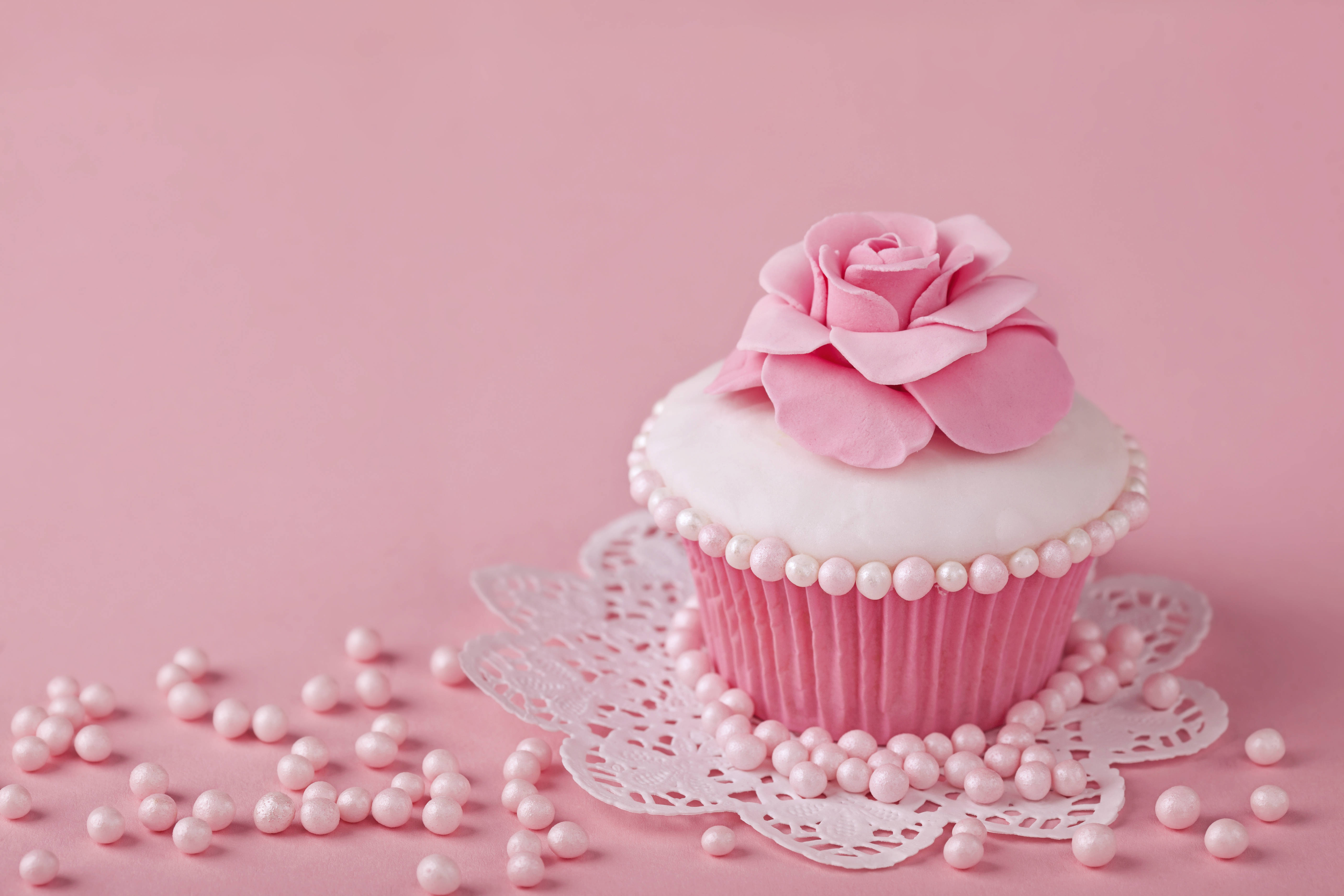 rose pink cupcake, sugar rose, pearl sprinkles, 5K Desktop Wallpaper