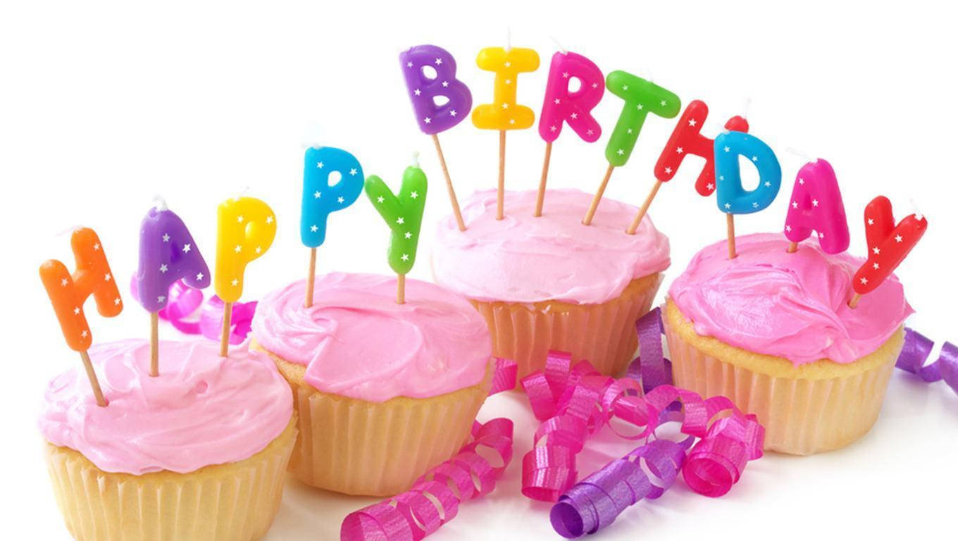 Pink-frosted cupcakes, Colorful letter candles, HAPPY BIRTHDAY, HD Desktop Wallpaper