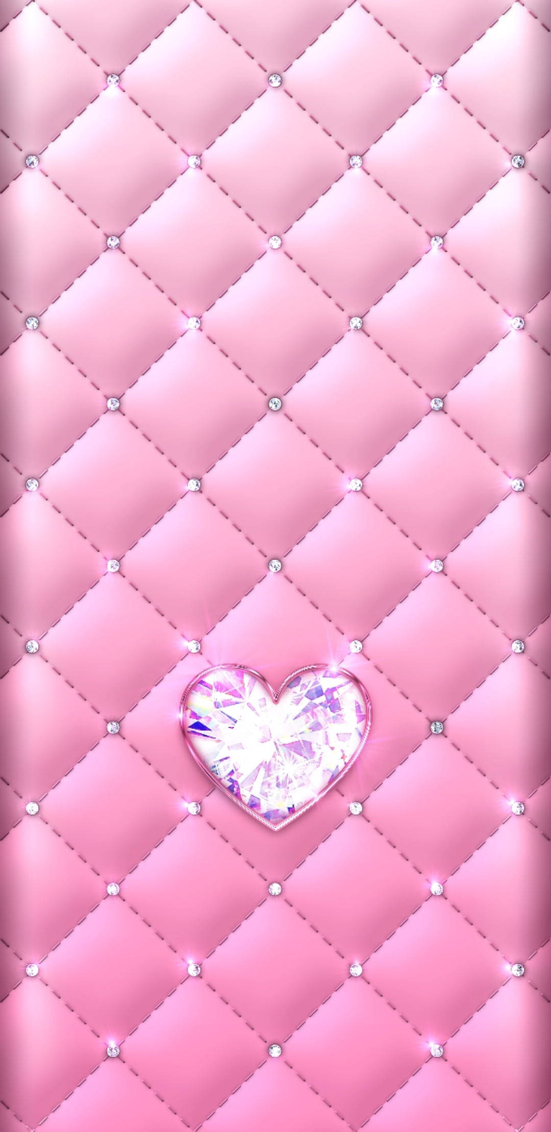 pink heart diamond, quilted surface, rhinestones, Full HD Phone Wallpaper