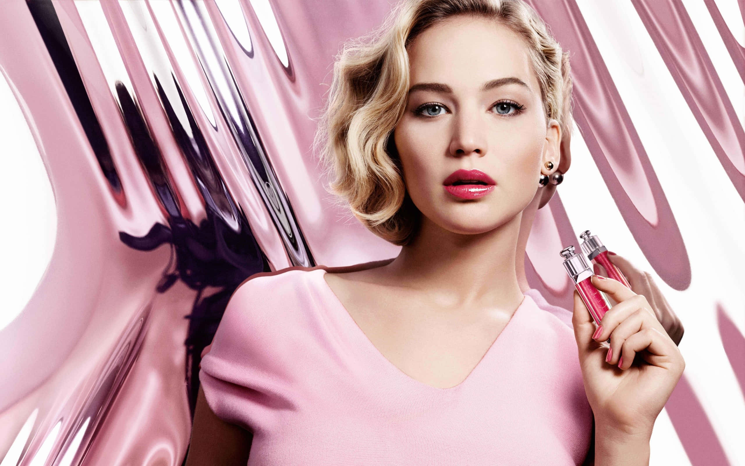 pink dior, pink perfume bottle, blonde waves, 2K Desktop Wallpaper
