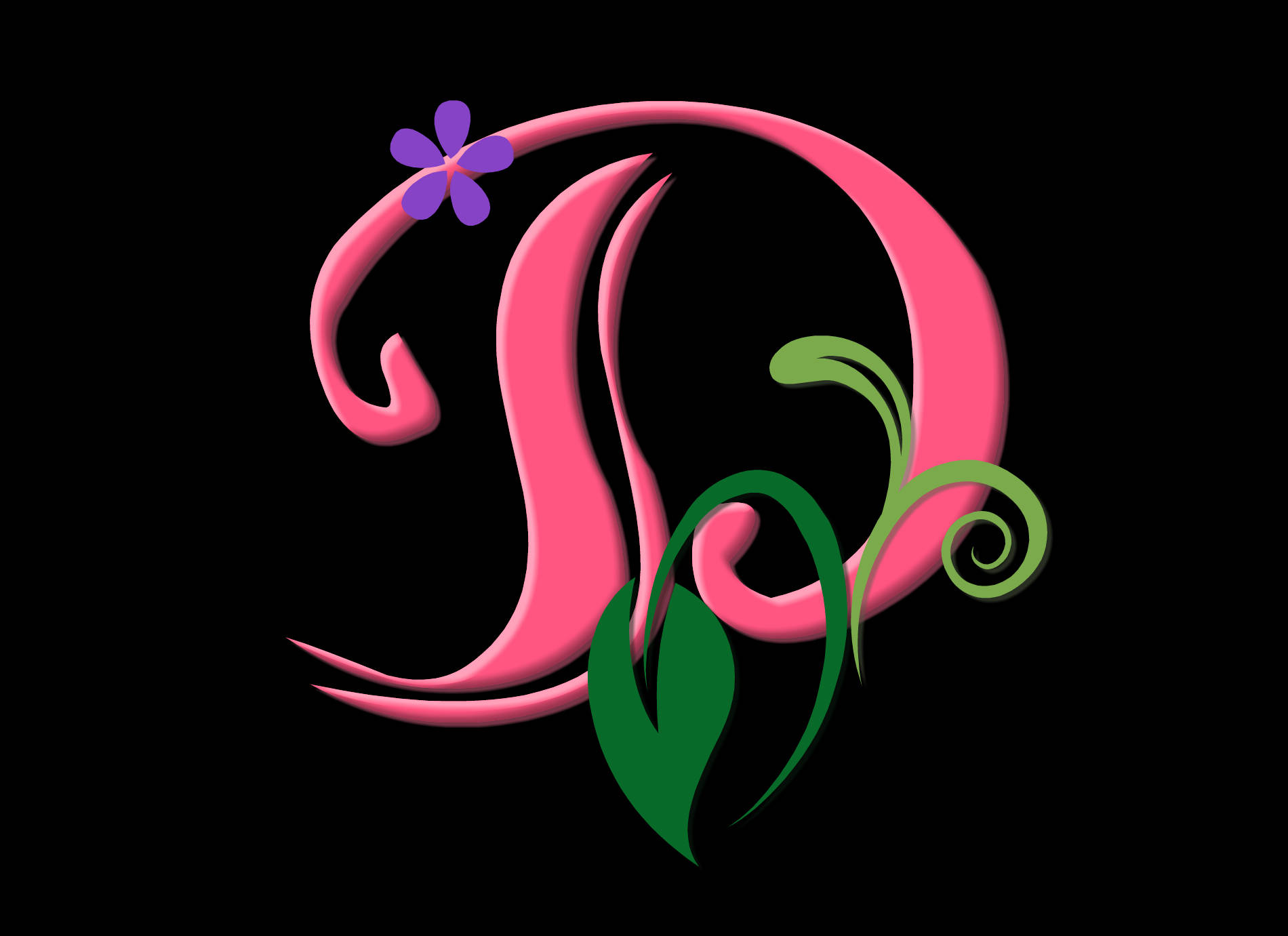 pink cursive letter D, purple flower, green vines, HD Desktop Wallpaper