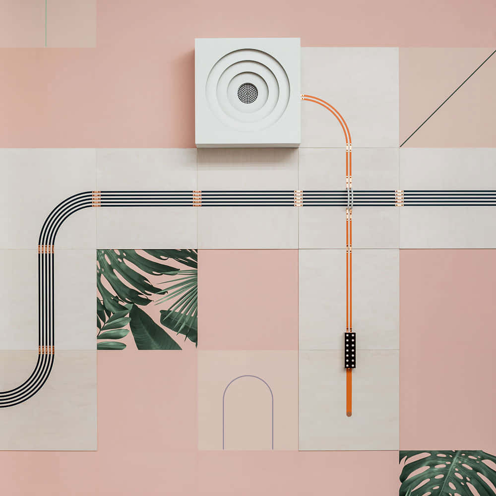 pastel pink, white air conditioner, green monstera leaves, SD Desktop Wallpaper