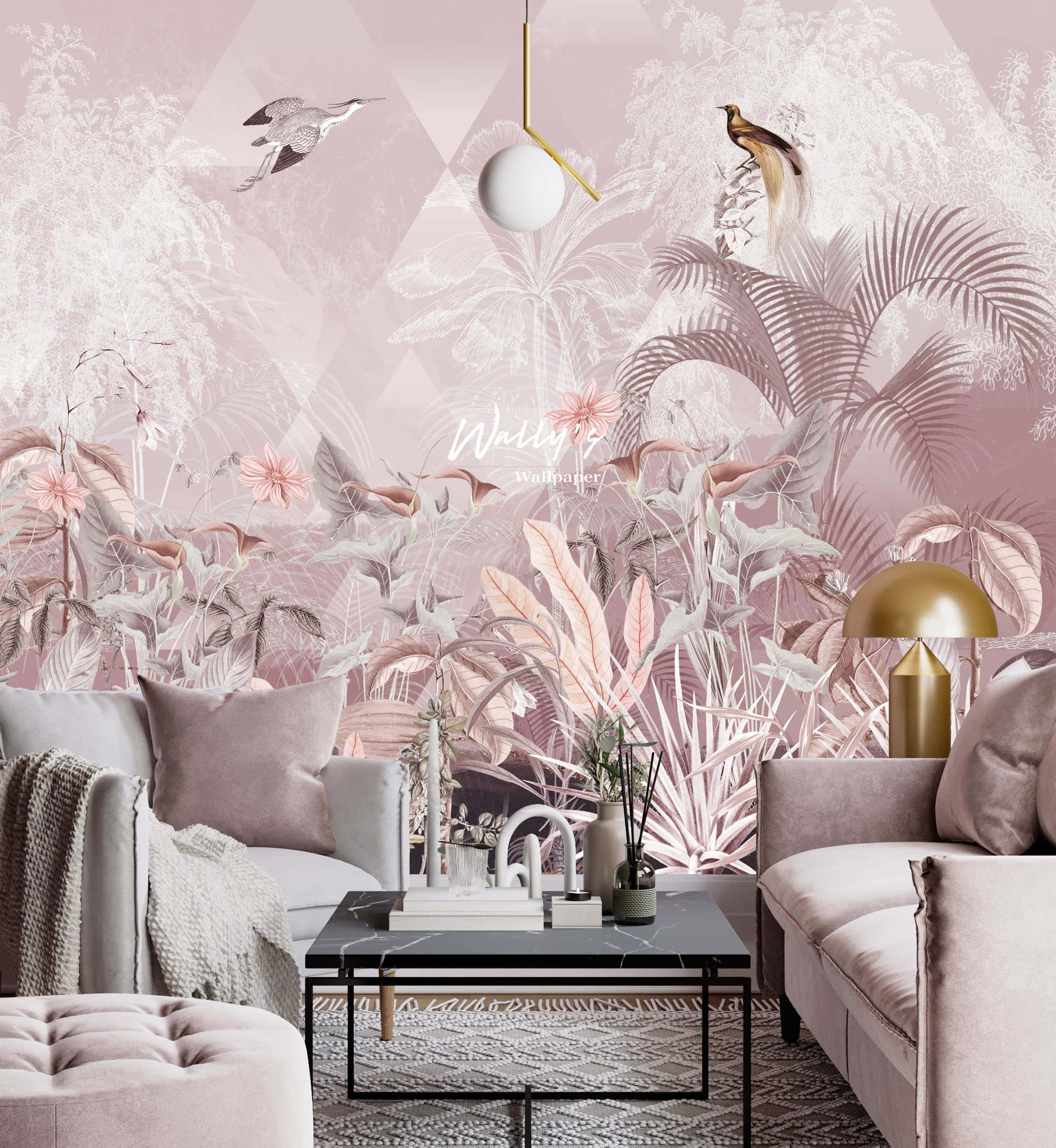 Pink Dior, pink tropical wallpaper, birds and foliage, Full HD Phone Wallpaper