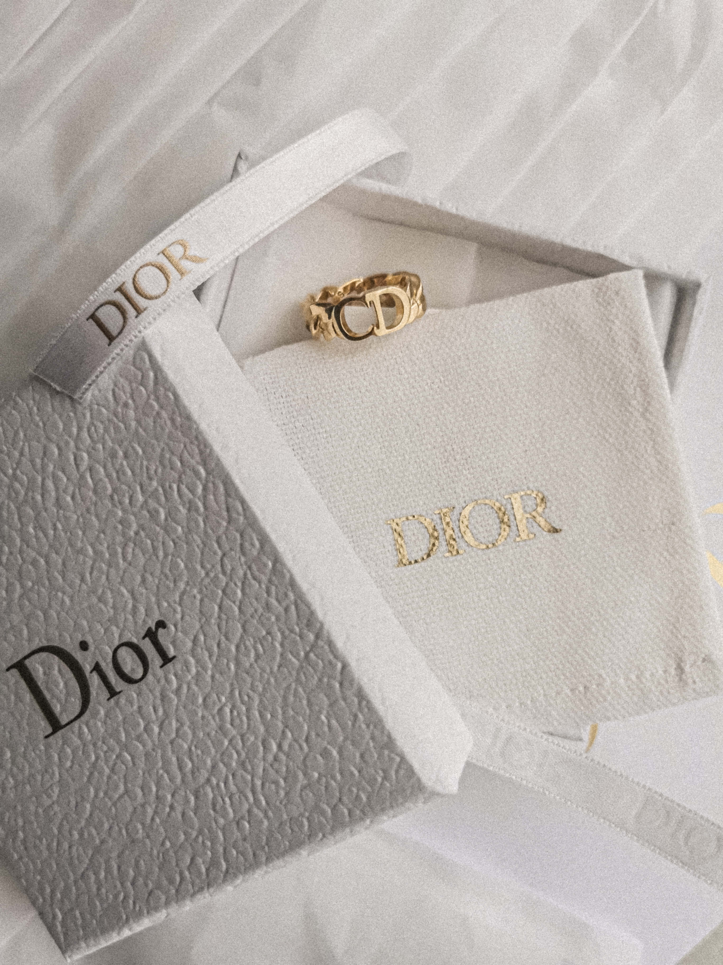 Dior, gold Dior ring, white branded box, 2K Phone Wallpaper