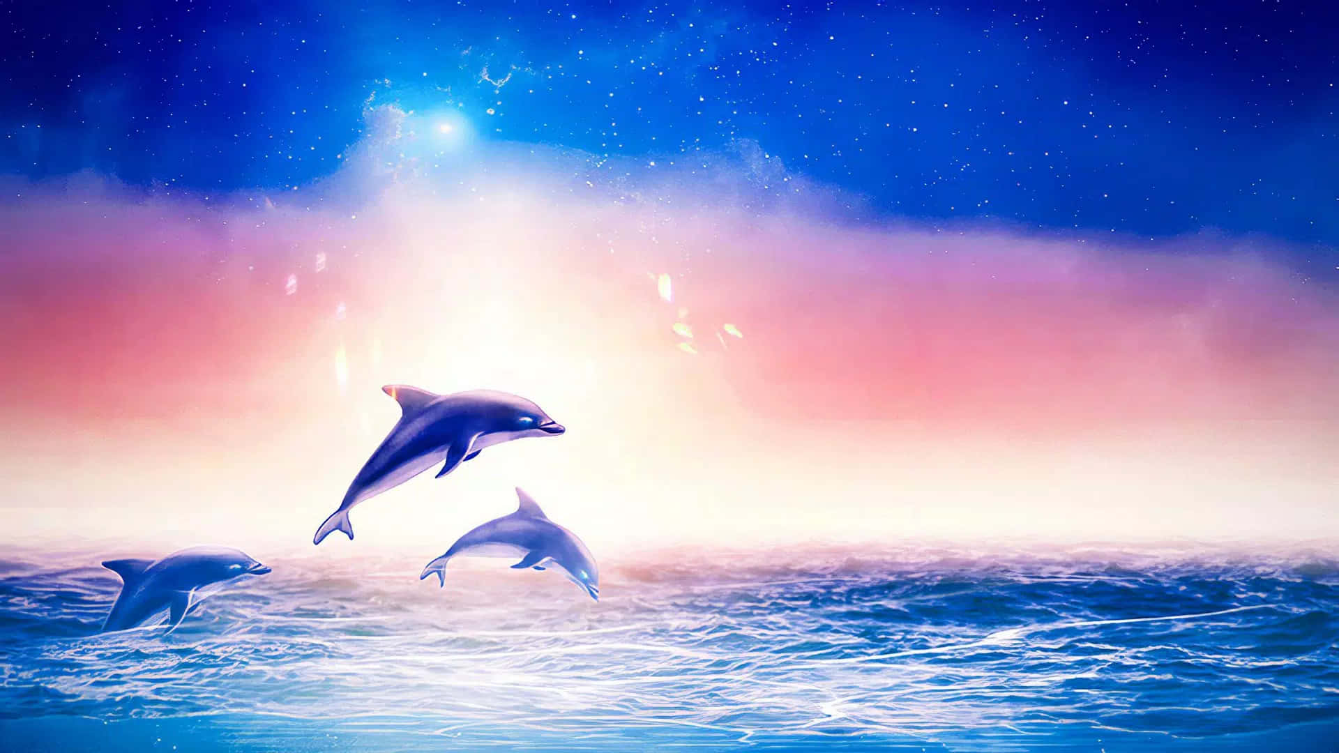 Pink Dolphin, glowing ocean, starry twilight sky, Full HD Desktop Wallpaper