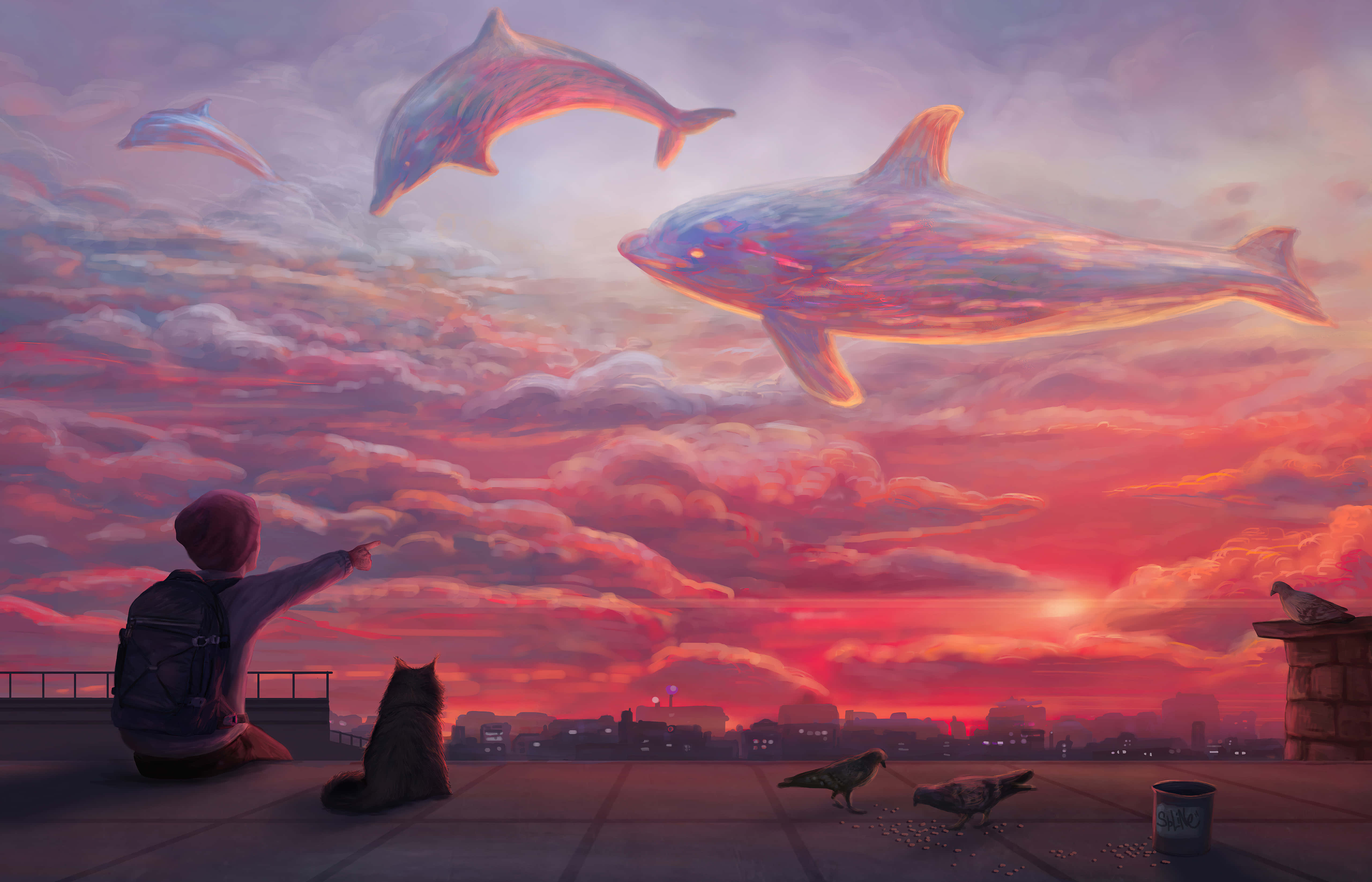 Pink Dolphin, fiery sunset sky, rooftop, 5K Desktop Wallpaper