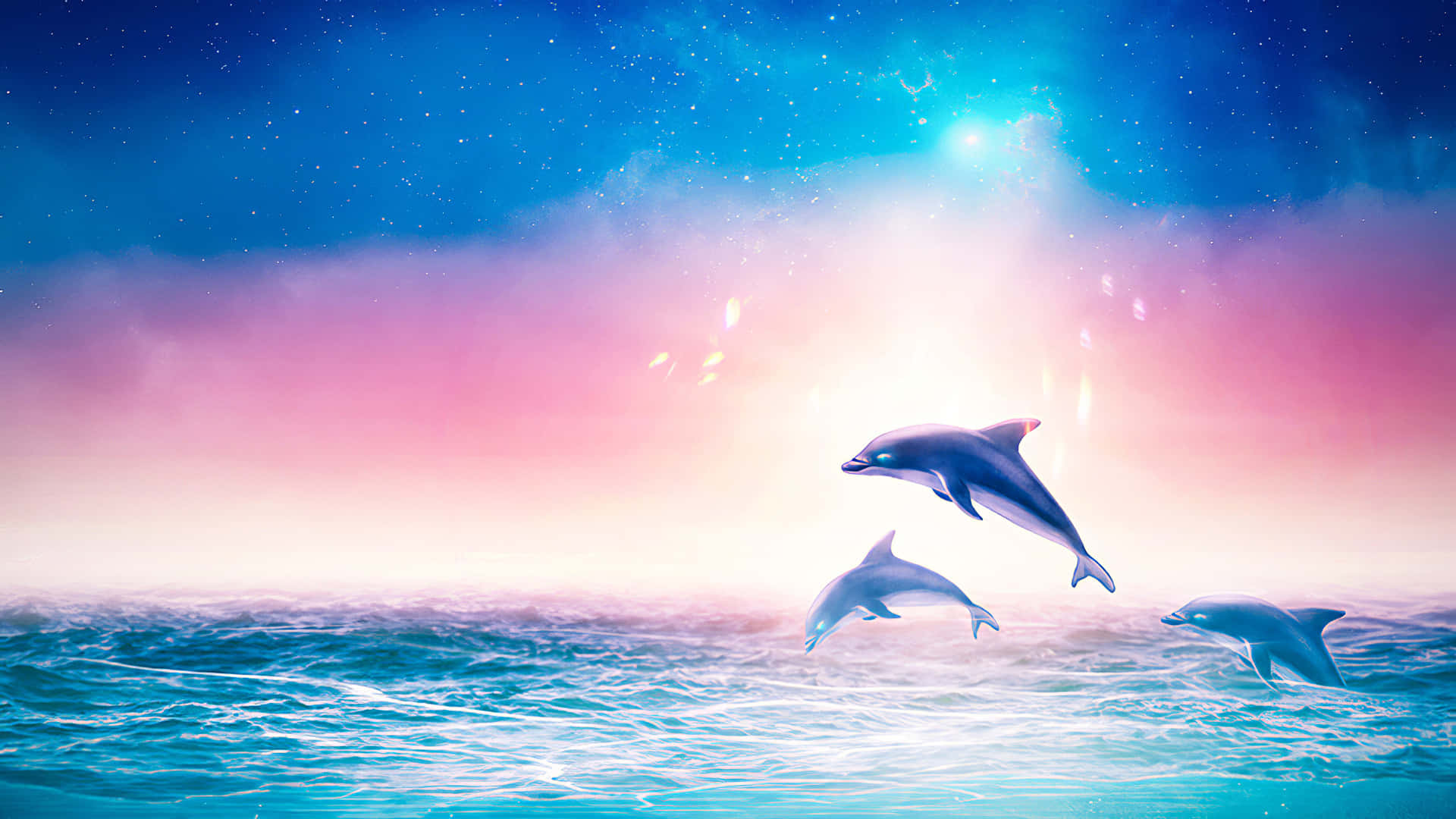 pink dolphin, glowing turquoise ocean, starry sky, Full HD Desktop Wallpaper