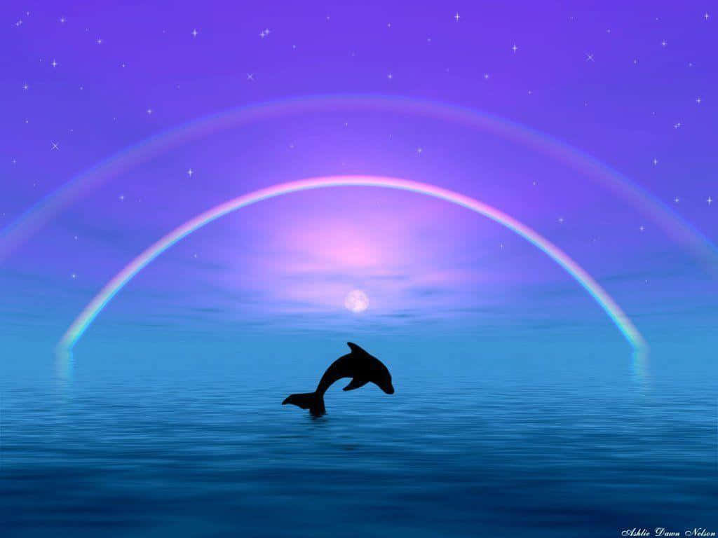 pink dolphin, calm blue waters, glowing purple rainbow, SD Desktop Wallpaper