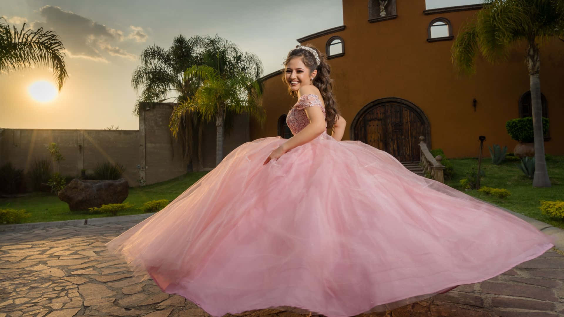 pink quinceanera gown, stone patio, sunset, Full HD Desktop Wallpaper