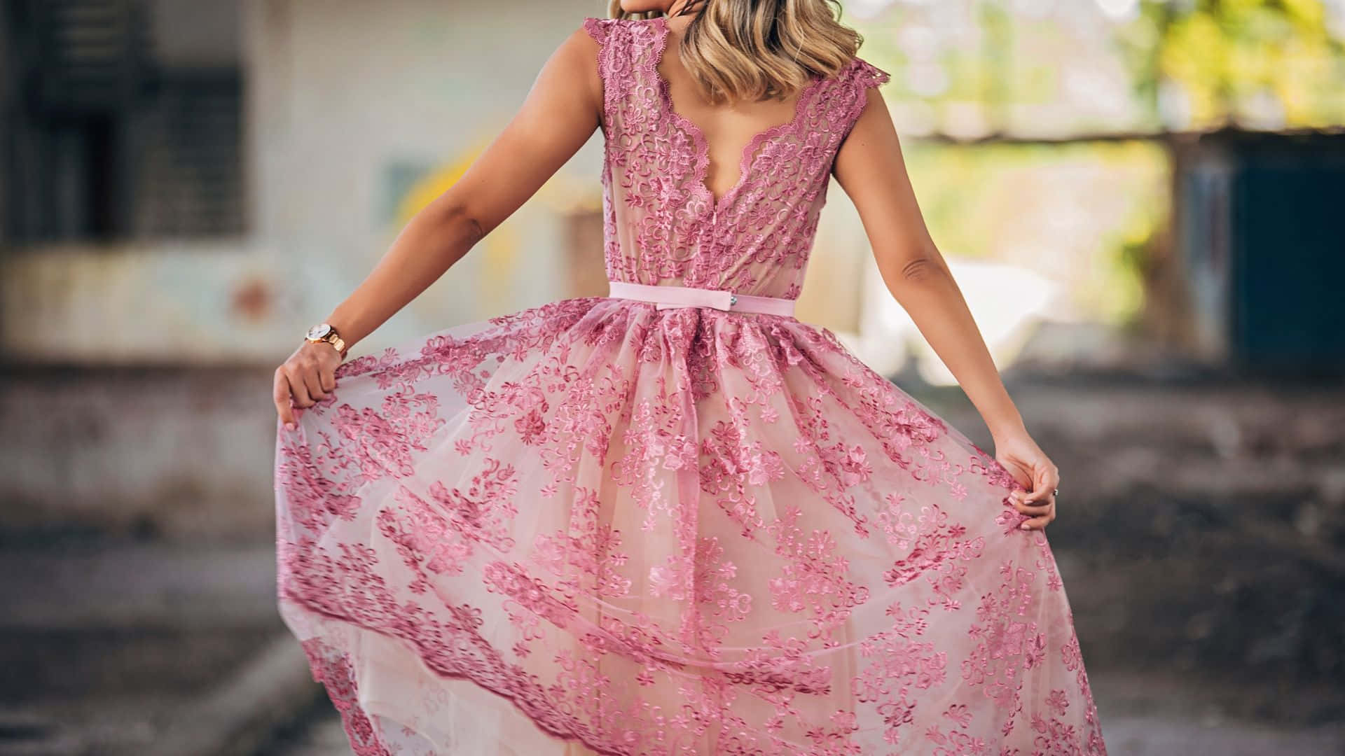 pink floral lace dress, sunlit urban alleyway, elegant woman, Full HD Desktop Wallpaper