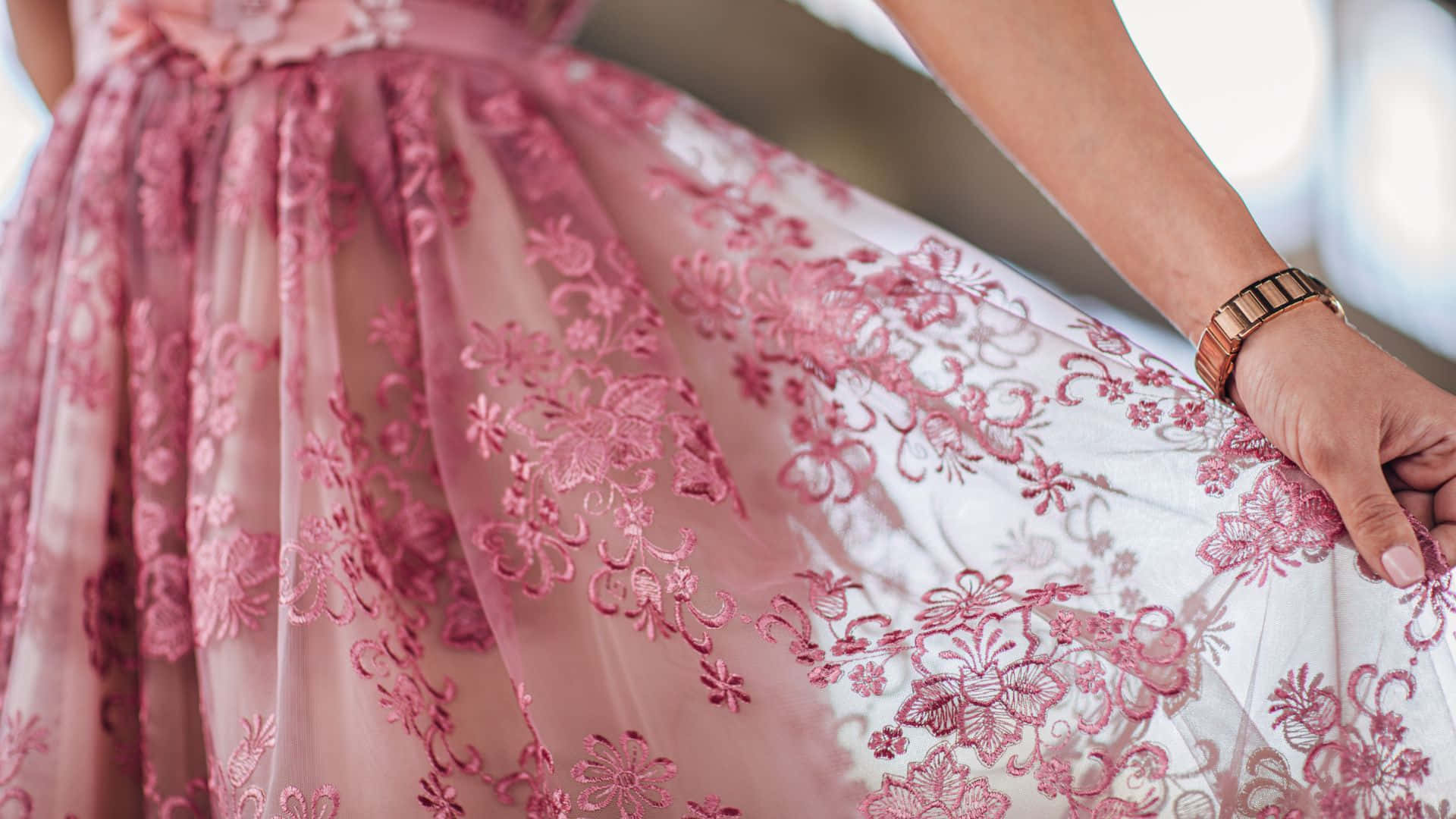 pink floral lace skirt, elegant dress, hand, Full HD Desktop Wallpaper