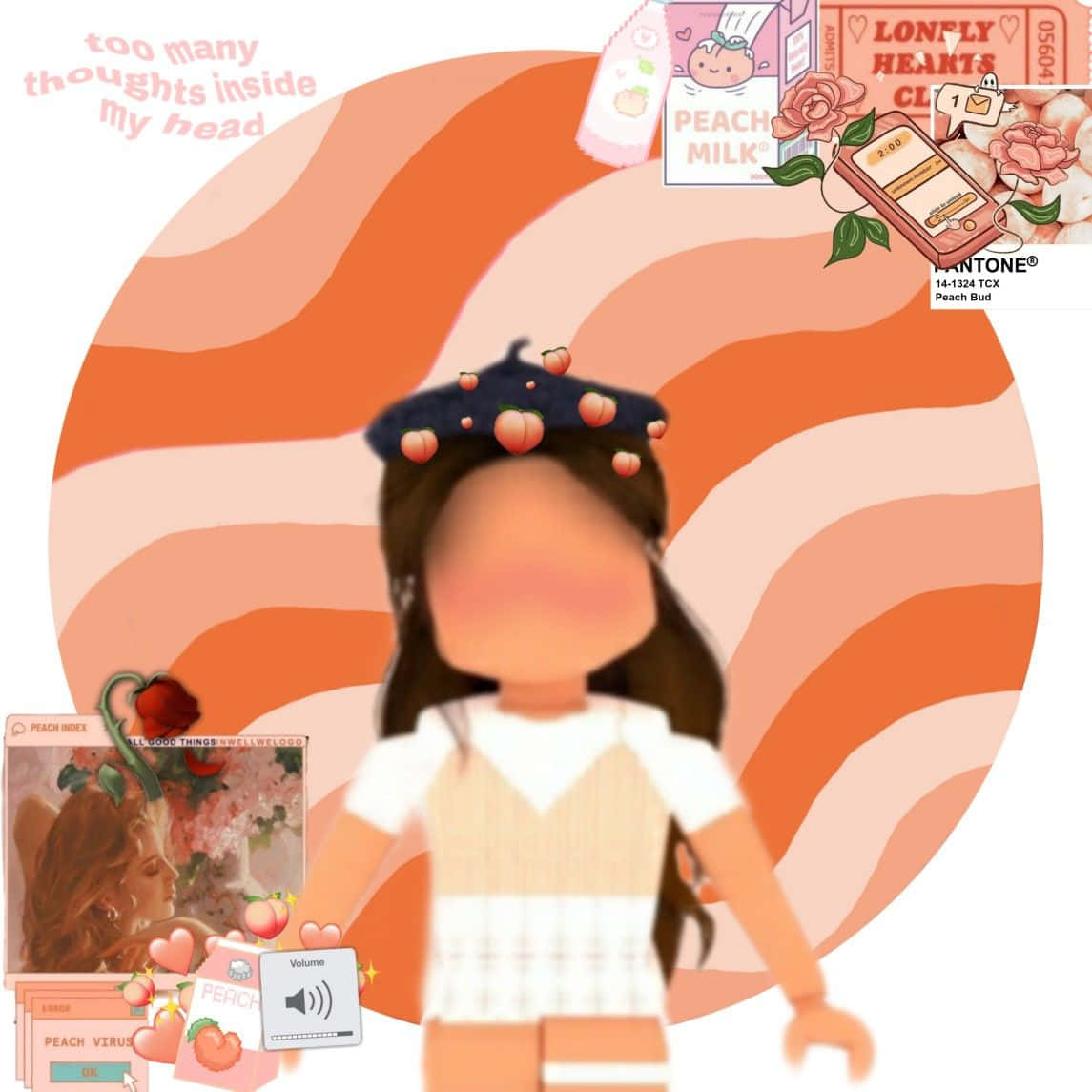 Roblox avatar, peach-themed accessories, swirling orange and peach background, SD Desktop Wallpaper