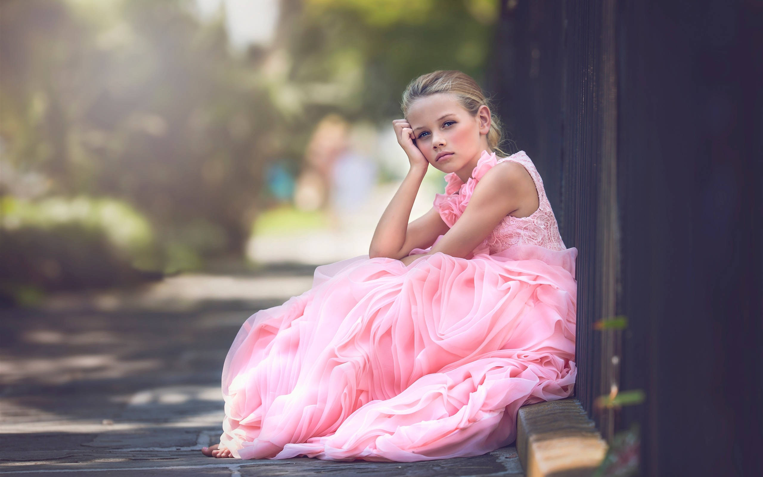 pink dress, young girl, flowing pink dress, 2K Desktop Wallpaper