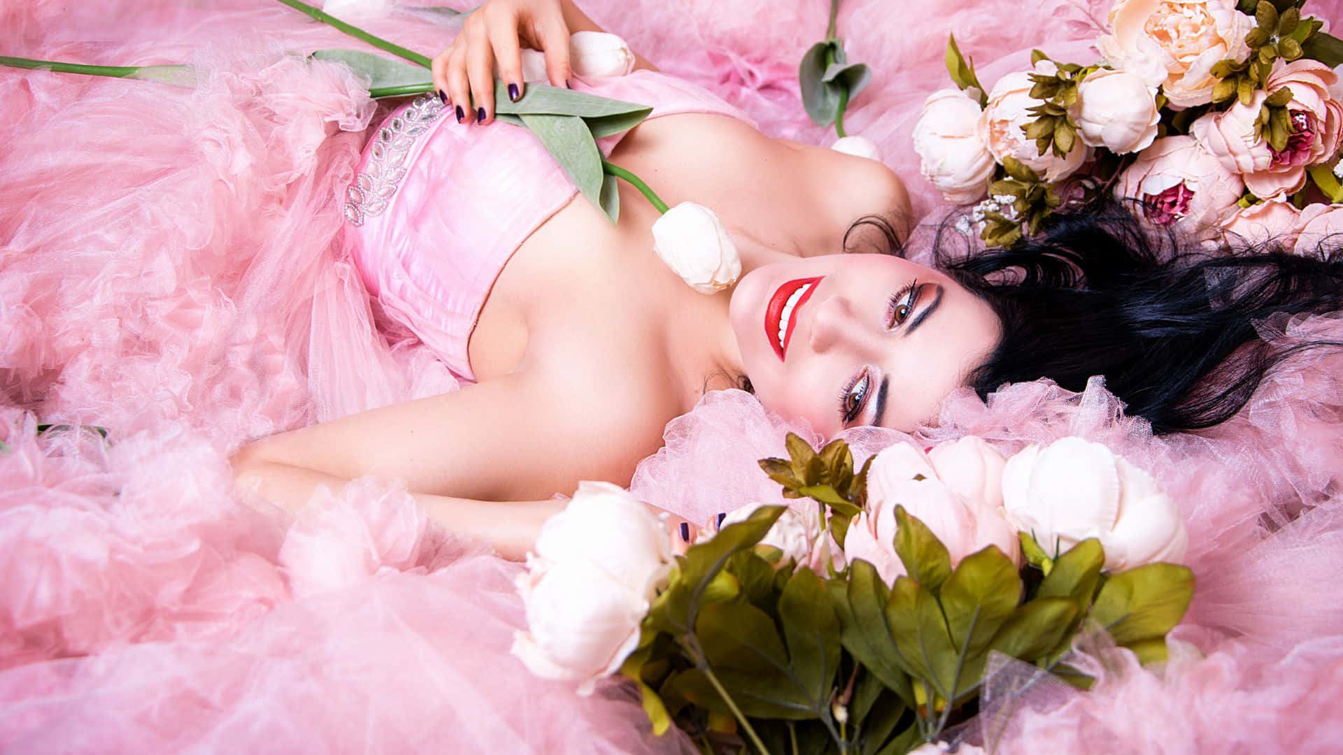 pink tulle dress, pink peonies, tulips, Full HD Desktop Wallpaper