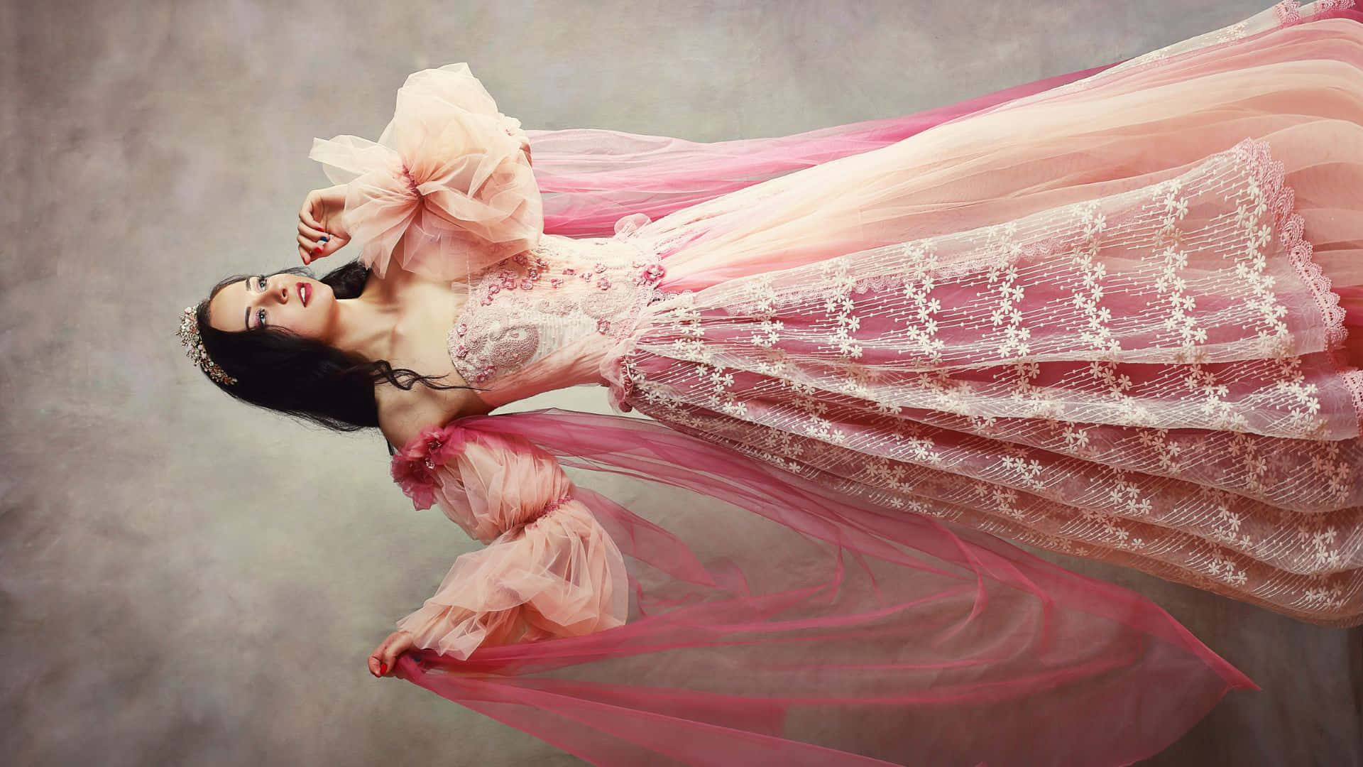 elegant pink dress, flowing pink lace gown, large bow, Full HD Desktop Wallpaper