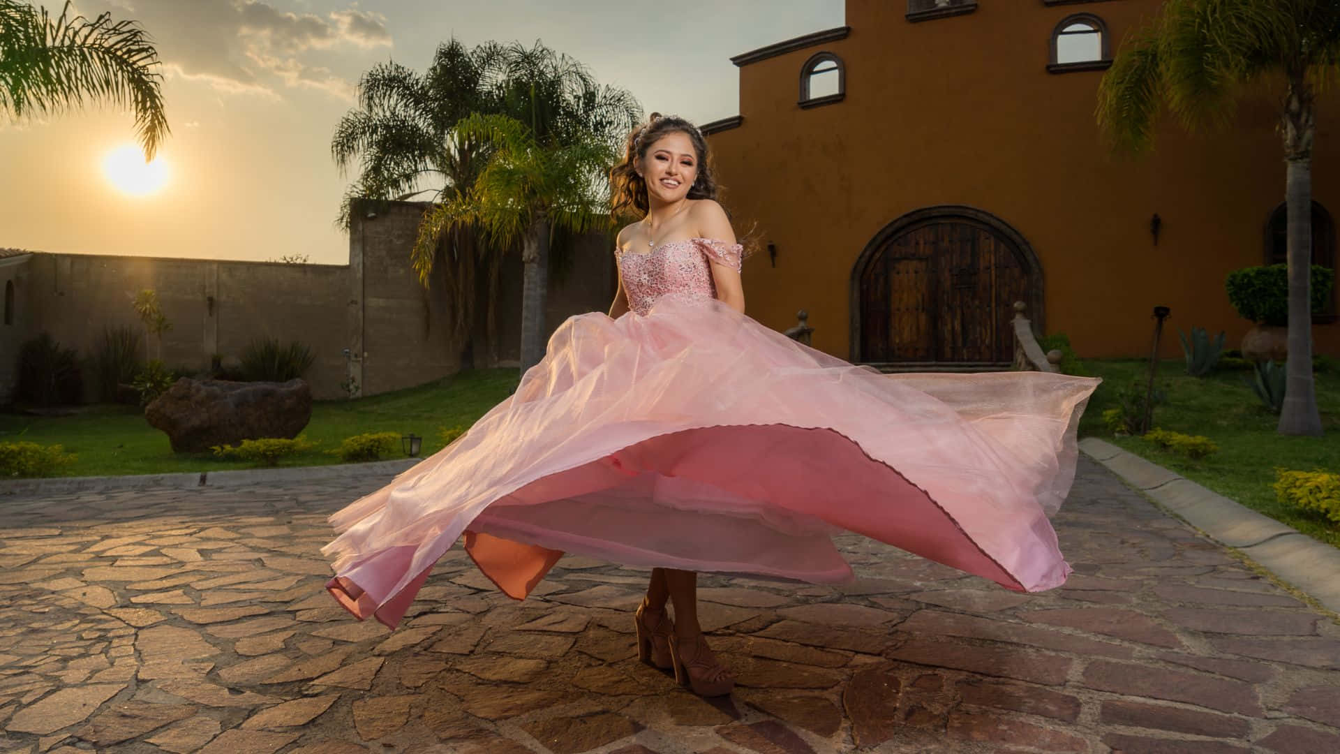 pink dress, golden sunset, stone patio, Full HD Desktop Wallpaper