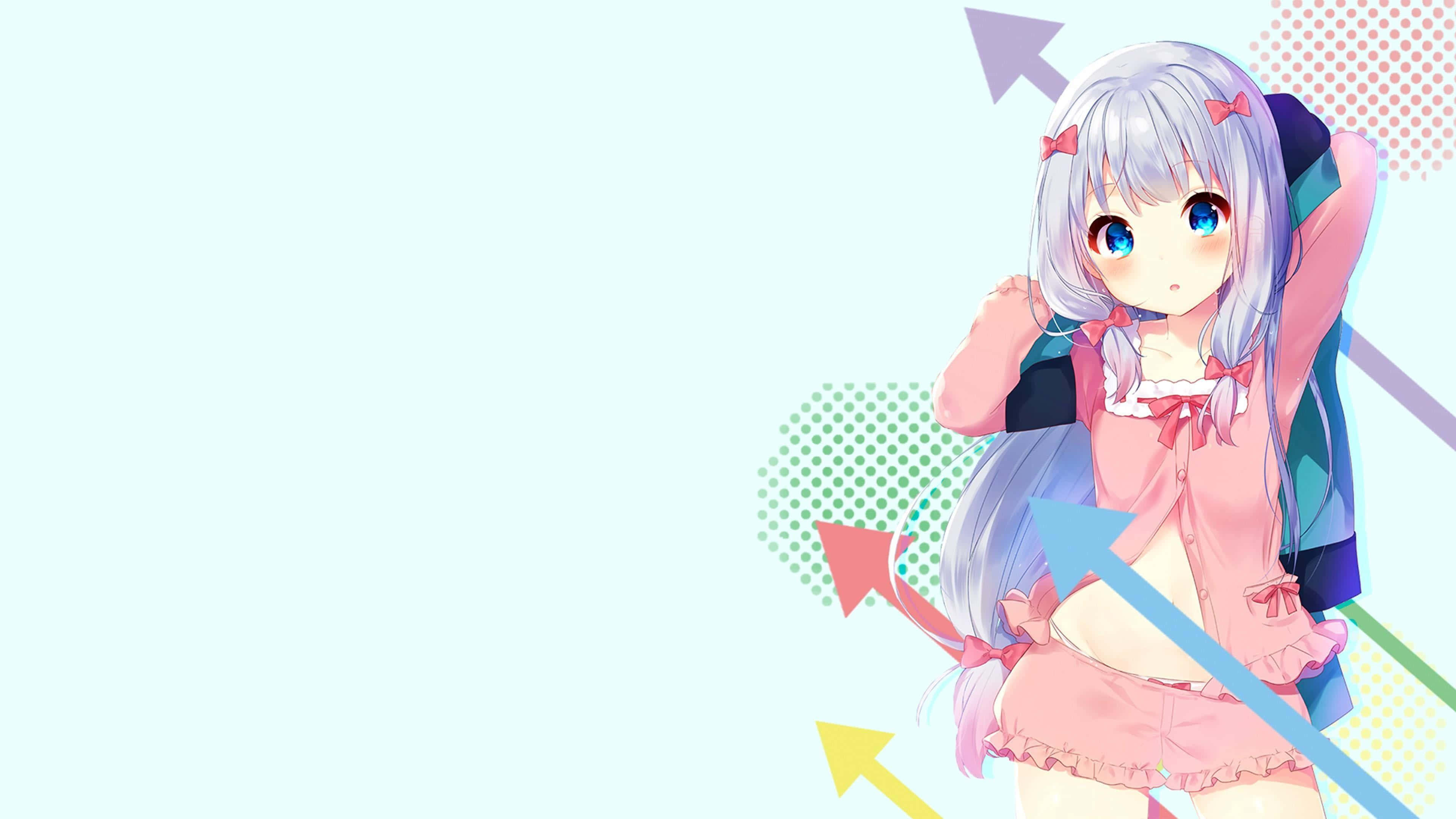 anime girl, blue hair, pink dress, 4K Desktop Wallpaper