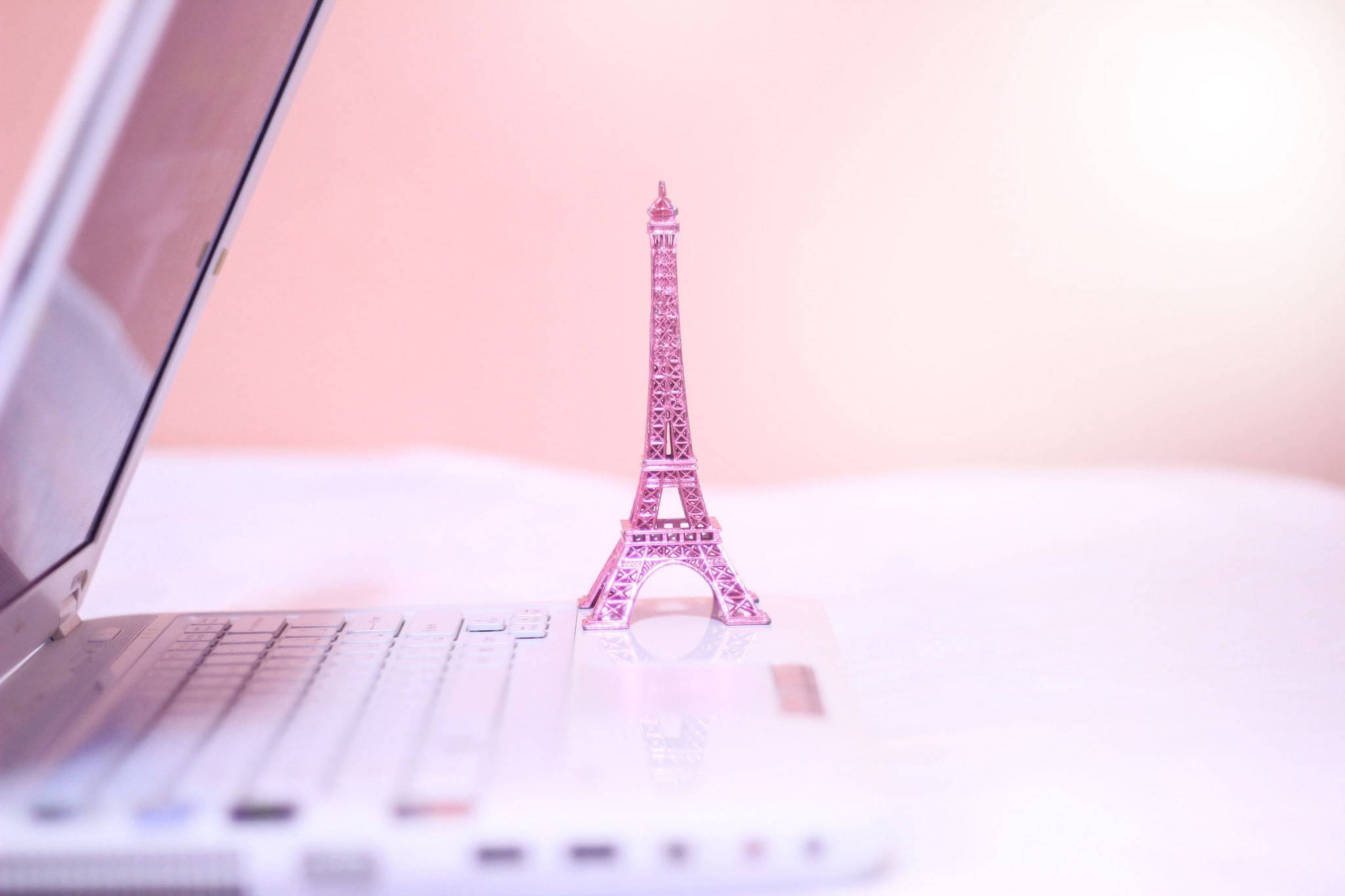 Pink Eiffel Tower, white laptop keyboard, soft pink background, Full HD Desktop Wallpaper