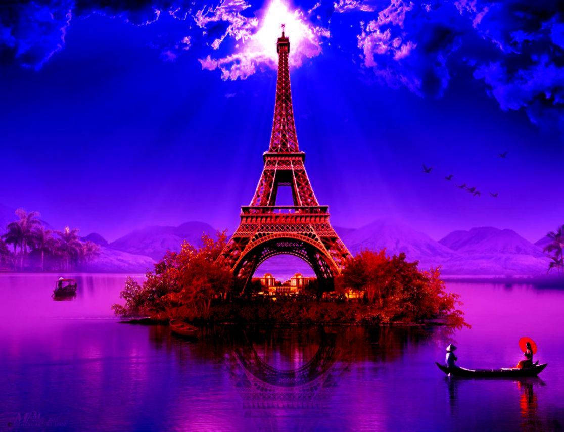 Pink Eiffel Tower, vibrant purple island, glowing water, SD Desktop Wallpaper