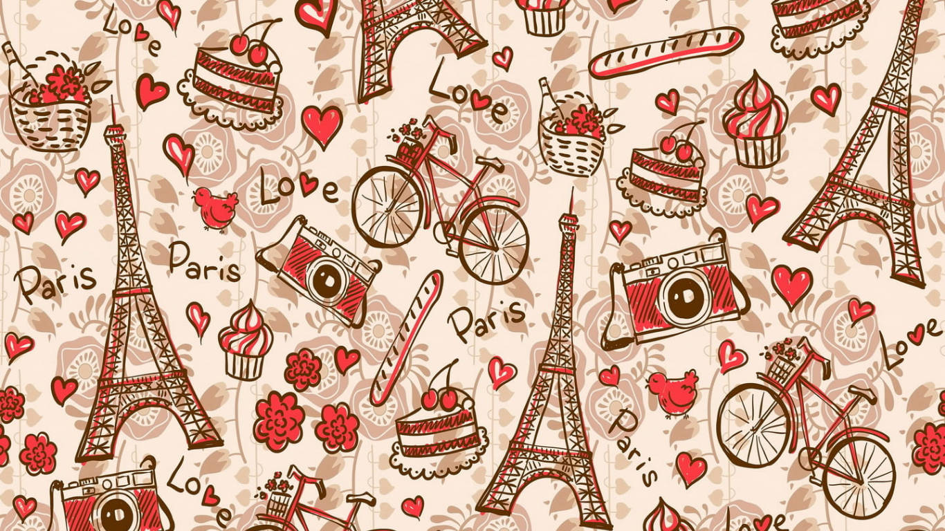 Pink Eiffel Tower, beige background, red bicycles, HD Desktop Wallpaper