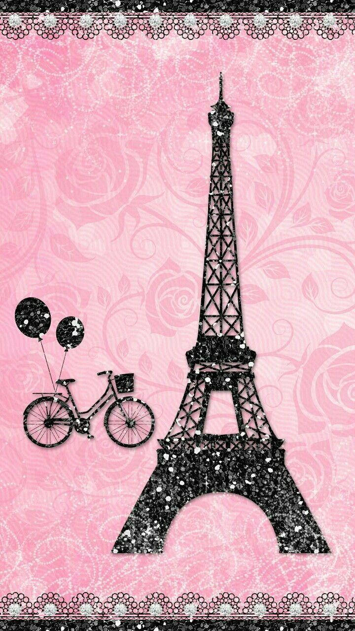 Pink Eiffel Tower, bicycle, glittering black Eiffel Tower, HD Phone Wallpaper