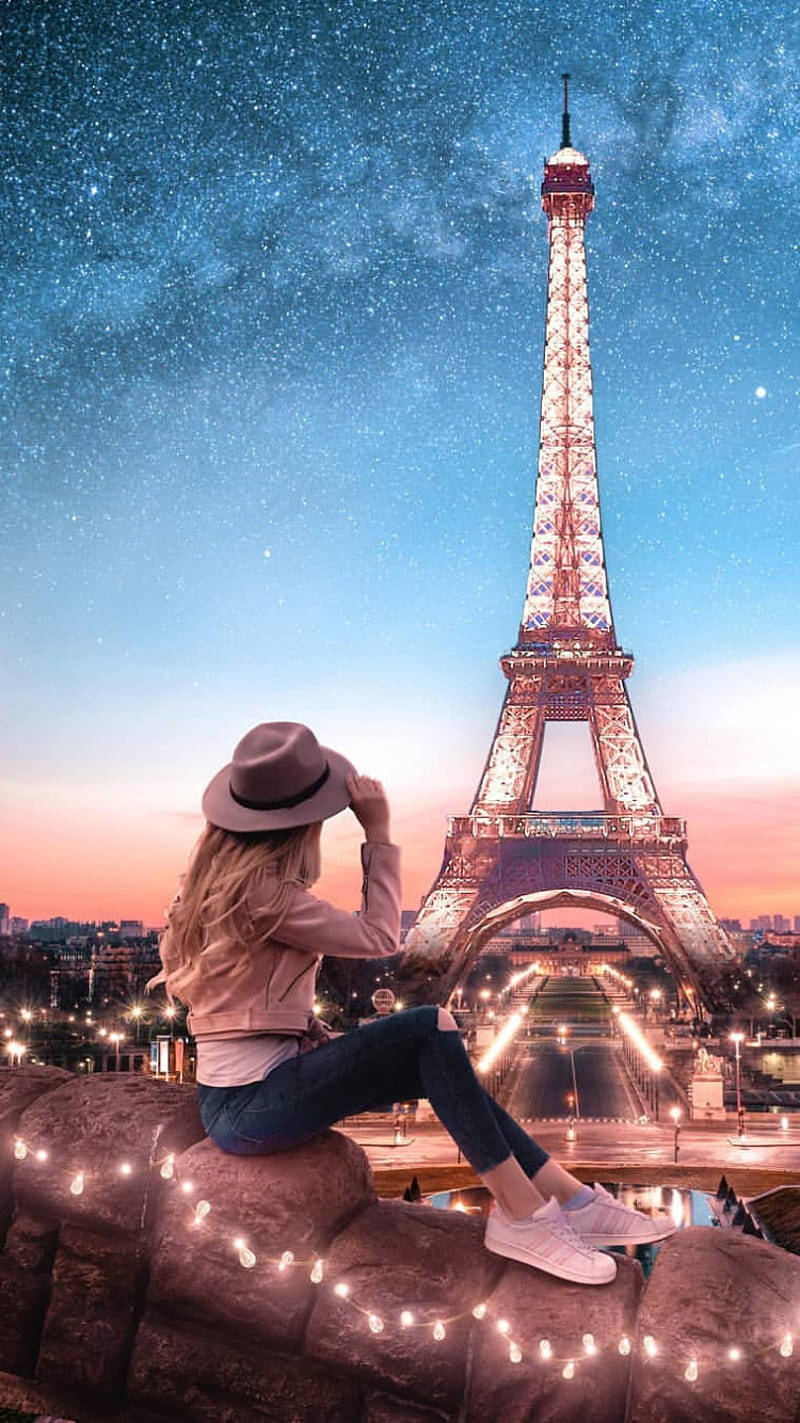 Pink Eiffel Tower, fairy lights, starry twilight sky, HD Phone Wallpaper