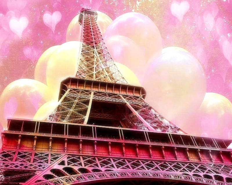 Pink Eiffel Tower, pink and gold light, floating hearts, SD Desktop Wallpaper