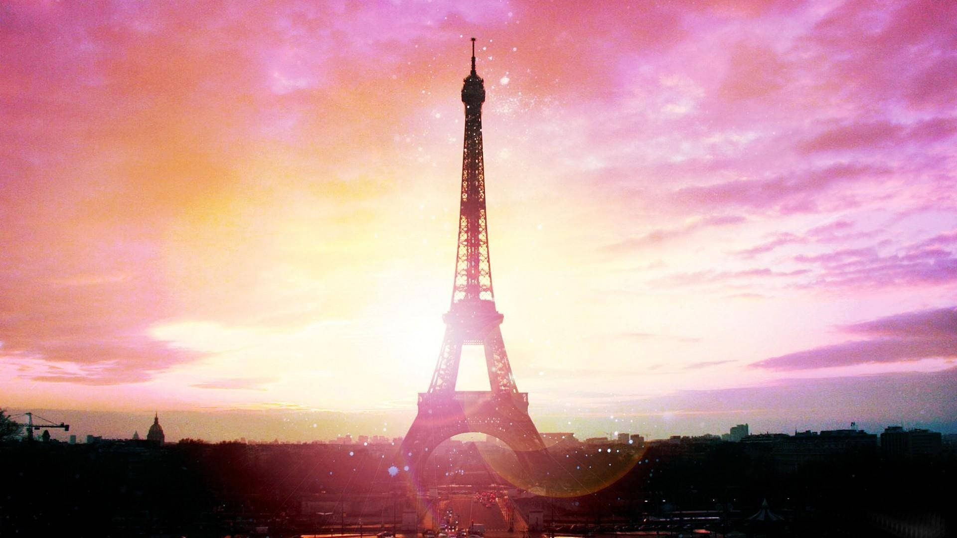 Pink Eiffel Tower, sunset, vibrant pink, Full HD Desktop Wallpaper